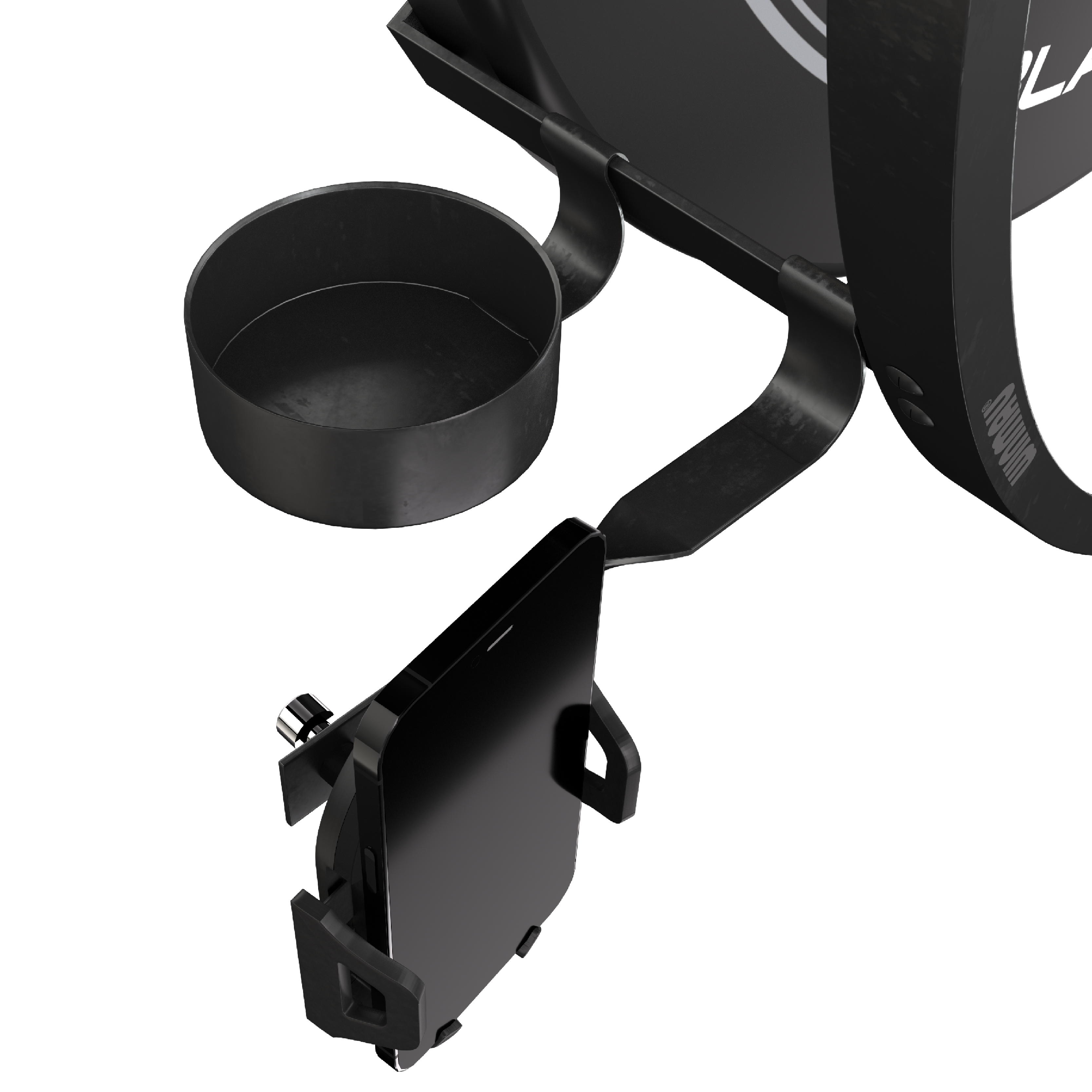 Sada příslušenství Winmau Plasma Das Bild zeigt das Winmau Plasma Zubehör Set mit einem Handyhalter und einem Becherhalter. Beide Halterungen sind an einem runden Rahmen befestigt.