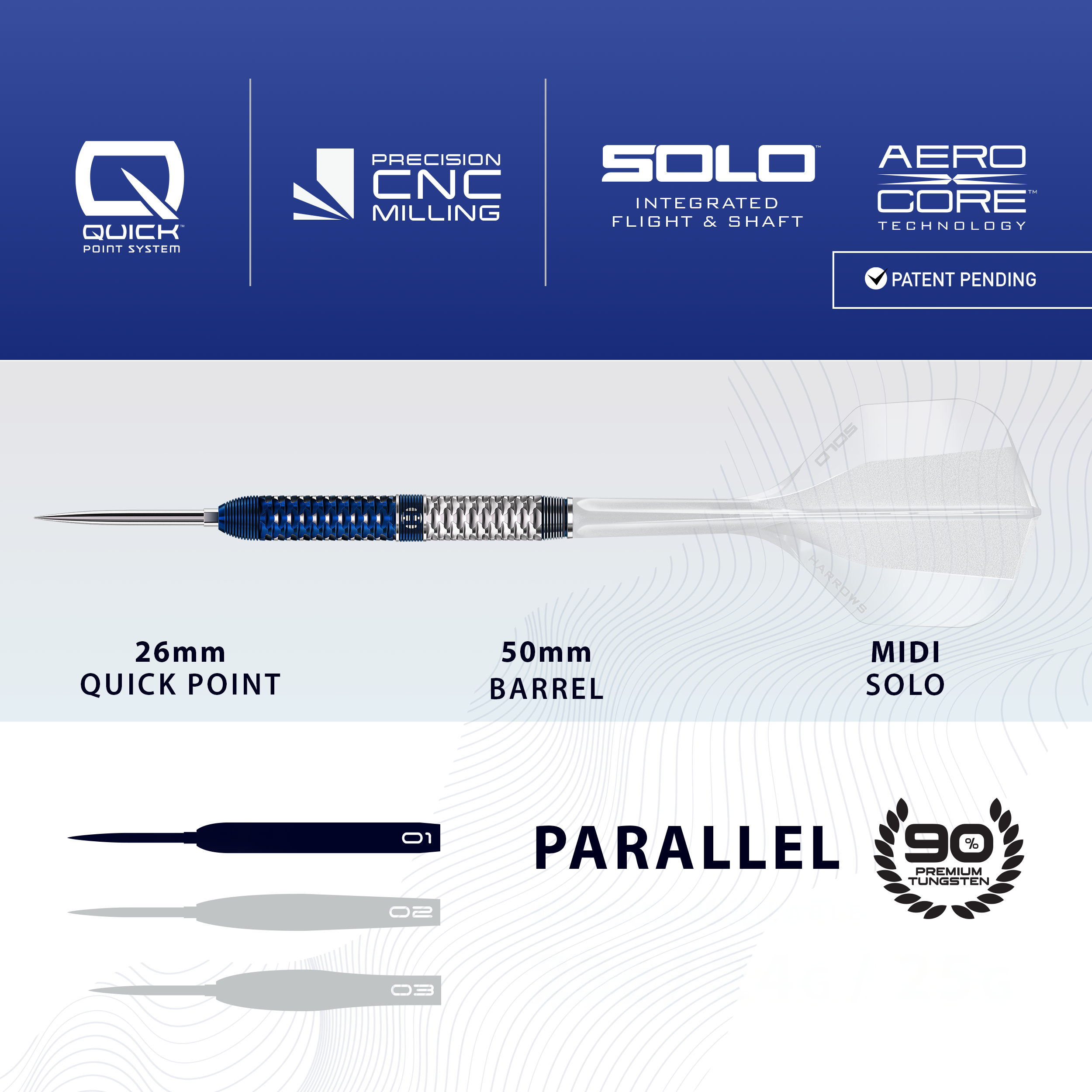 Harrows GEO Parallel Quick Point ocelové šipky Das Bild zeigt Harrows GEO Parallel Quick Point Steeldarts. Der Pfeil und sein Aussehen werden präsentiert.
