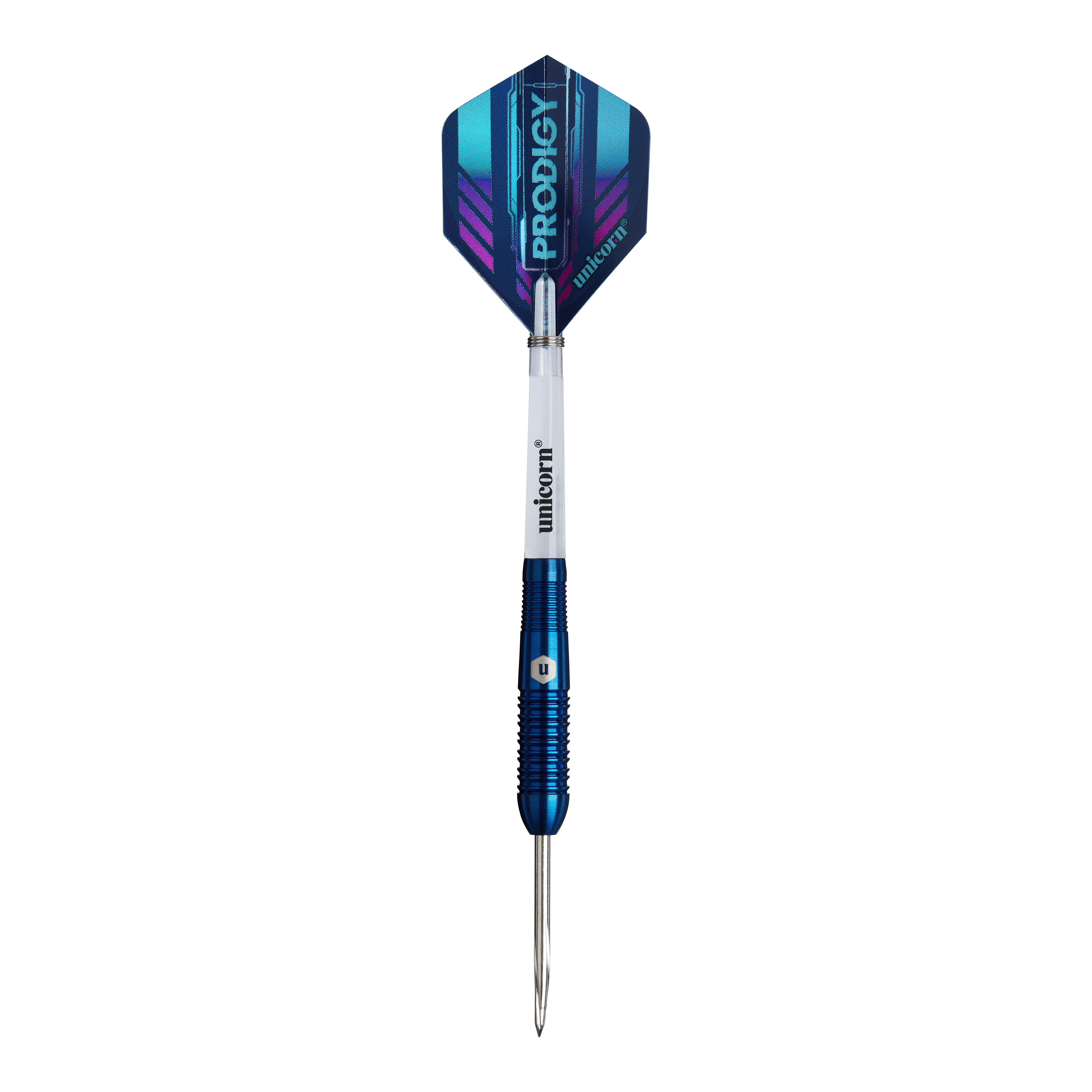 Šipky Unicorn Prodigy 02 Torpedo steel Das Bild zeigt einen Unicorn Prodigy 02 Torpedo Steeldart. Der Dartpfeil hat blaue und silberne Farben mit einer spitzen Metallspitze und einem modernen Flight-Design.