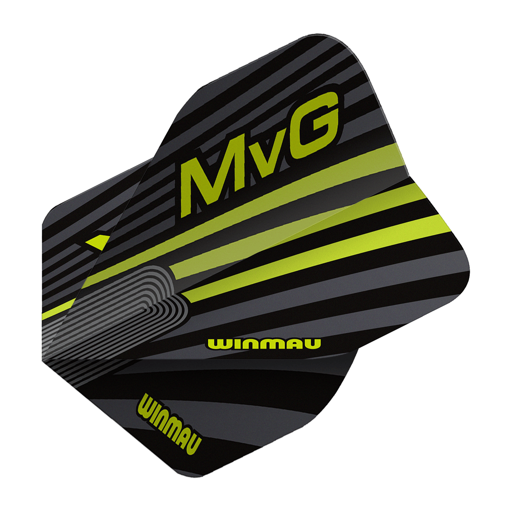Das Bild zeigt die Winmau Prism Delta MvG Grey Green No2 Standard Flights. Es handelt sich um Dart-Flights in Grau und Grün.