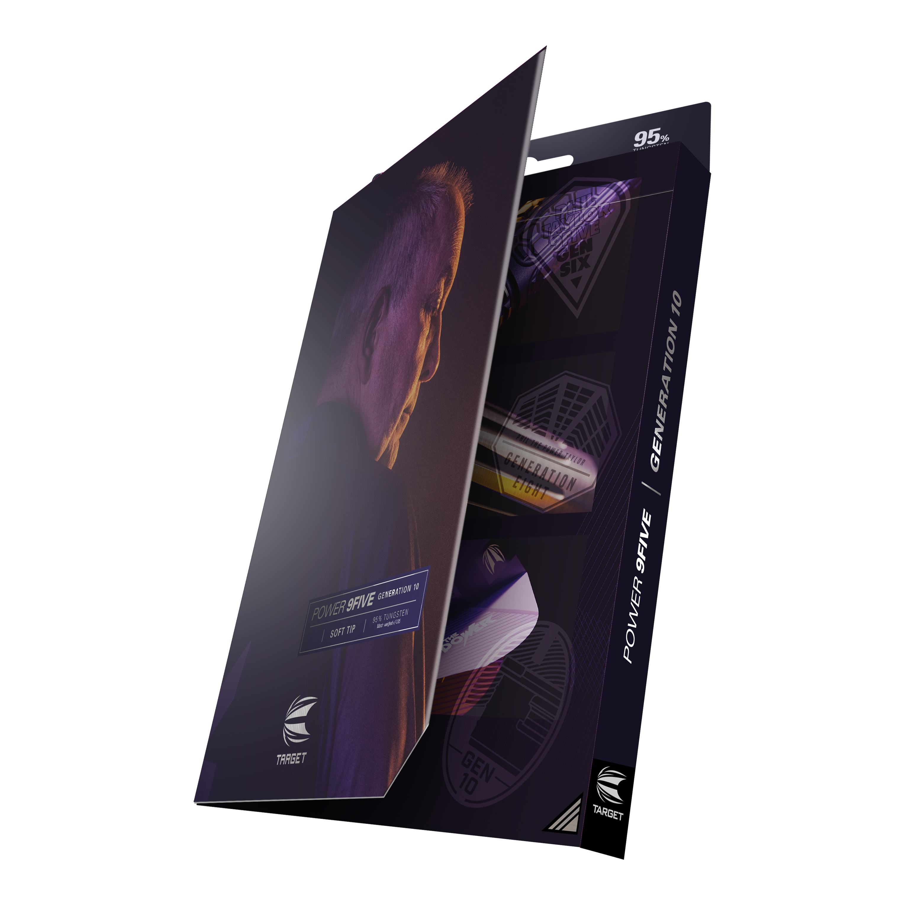 Měkké šipky Target Phil Taylor Power 9Five GEN10 Die Abbildung zeigt die Verpackung der "Target Phil Taylor Power 9Five GEN10 Softdarts". Auf der Vorderseite ist ein Porträtfoto sowie der Produktname zu sehen.