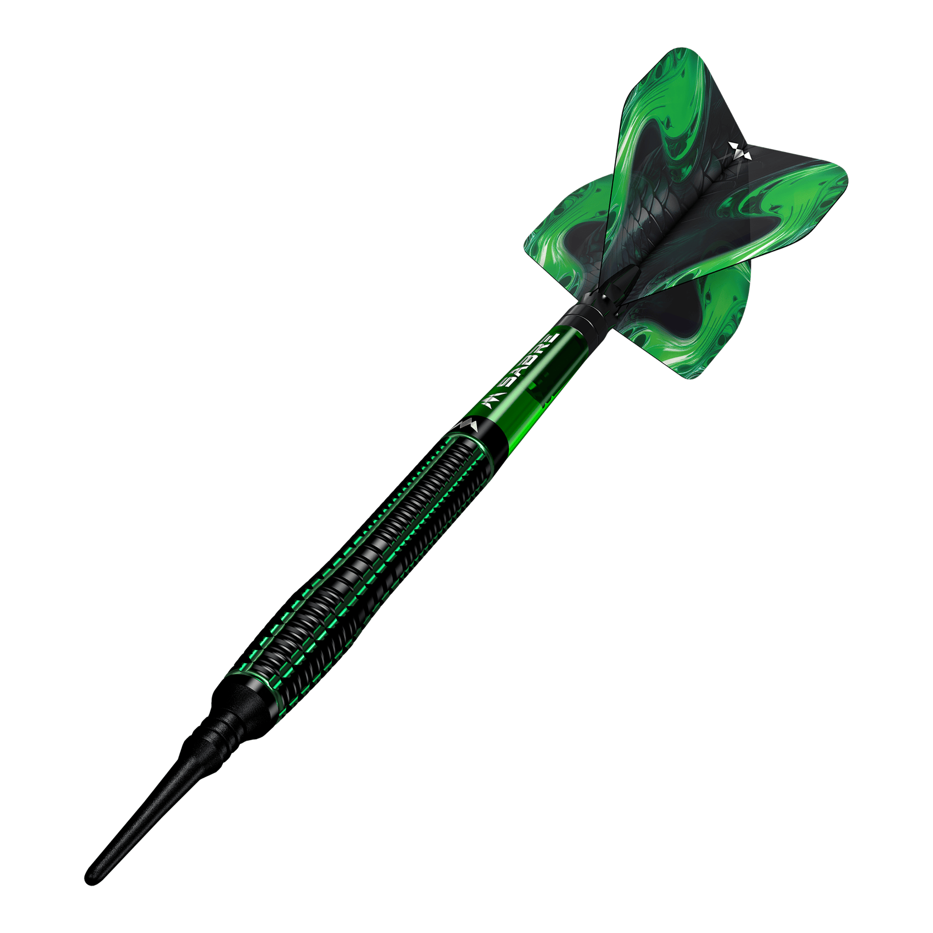 Šipky Mission Venom Softdarts - 20g Das Bild zeigt einen Mission Venom Softdart mit einem Gewicht von 20g. Der Dart ist schwarz und grün gestaltet und hat ein auffälliges Design am Flight.