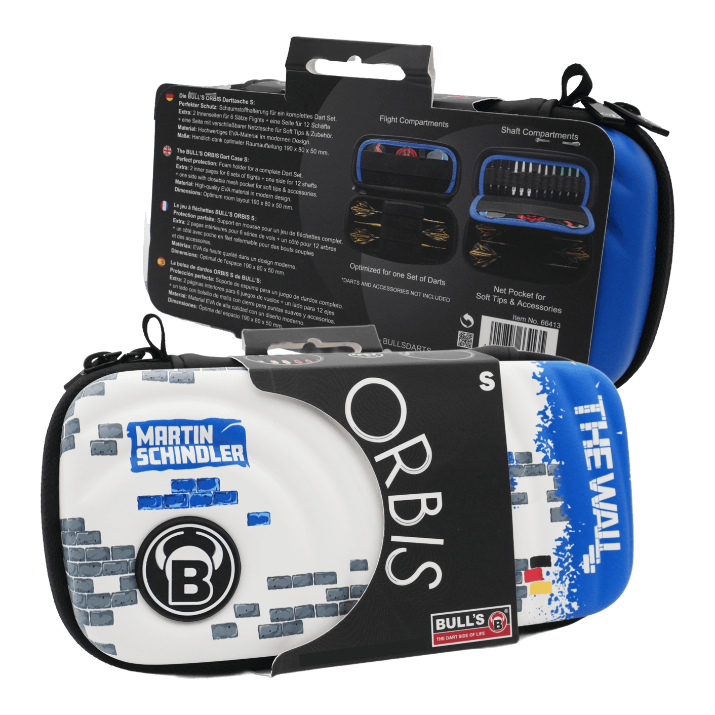 Pouzdro na šipky Bulls Orbis S Martin Schindler Das Bild zeigt das Produkt "Bulls Orbis S Martin Schindler Dartcase" in einer Verpackung. Das Dartcase ist bunt gestaltet und trägt den Namen "Martin Schindler" sowie "The Wall".