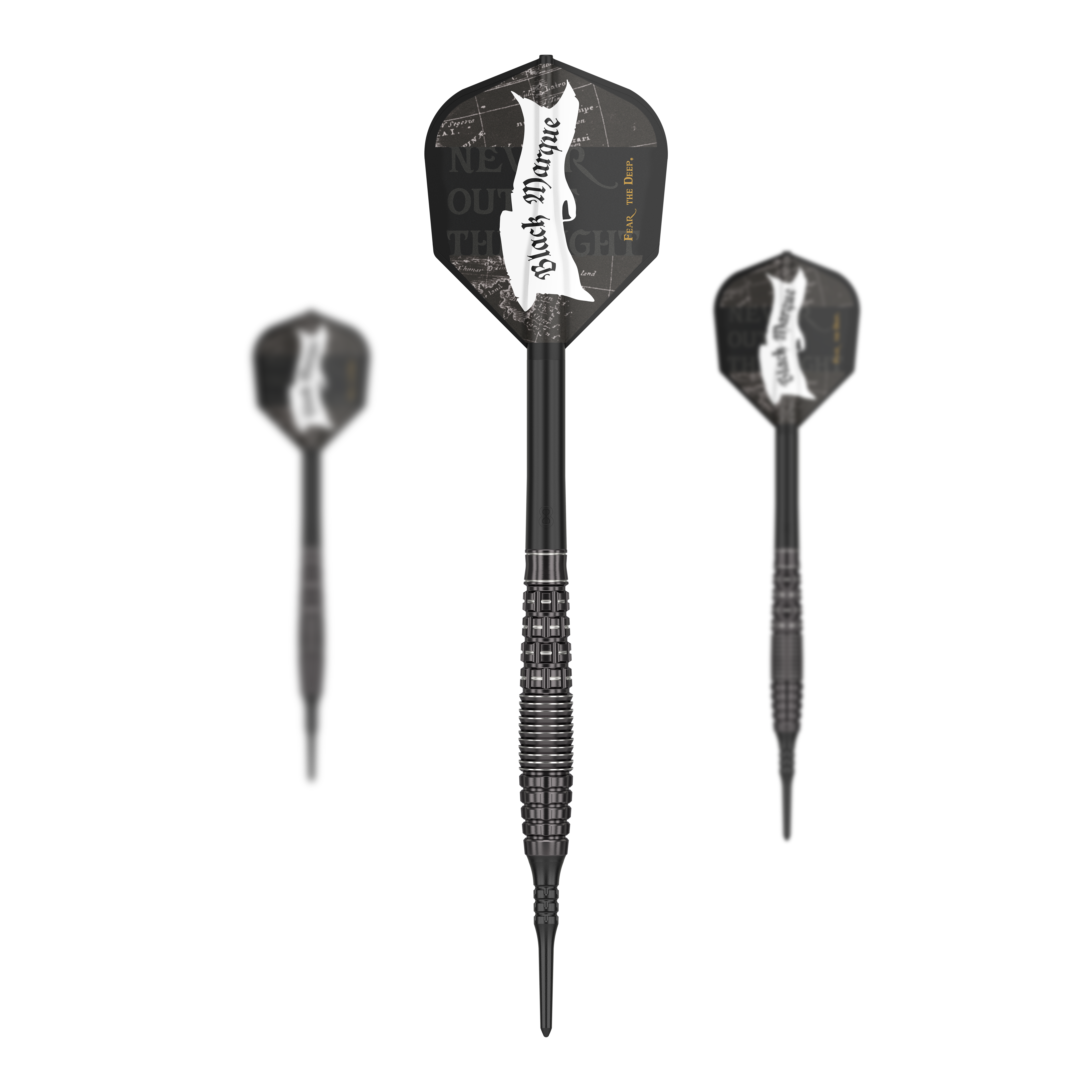 Šipky Target Japan Black Marque Phantom Soft - 18g Auf dem Bild sind drei schwarze Softdarts mit der Aufschrift „Black Marque“ zu sehen. Es handelt sich um das Produkt „Target Japan Black Marque Phantom Softdarts - 18g“.