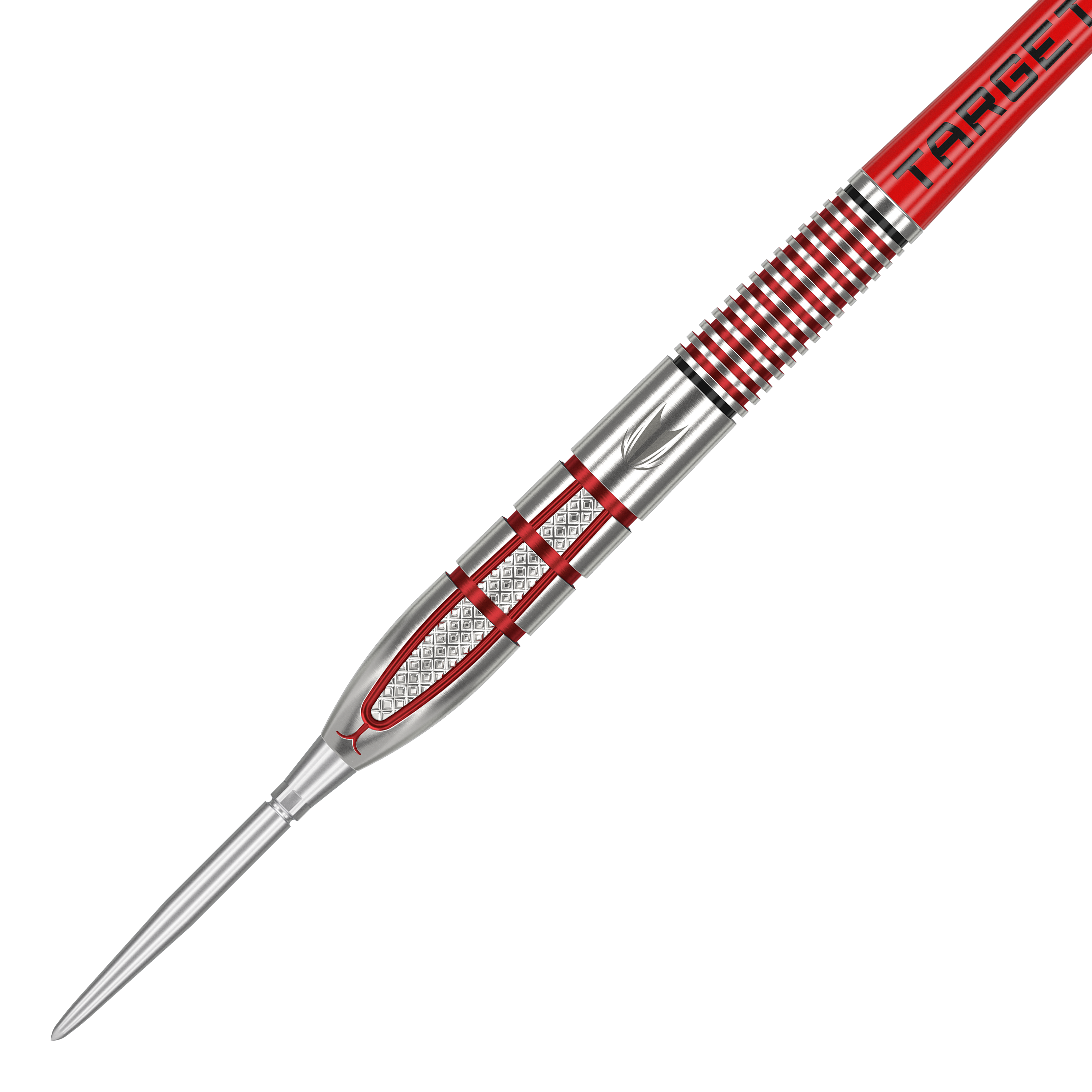 Ocelové šipky Target Nathan Aspinall GEN2 Swiss Point Das Bild zeigt einen Target Nathan Aspinall GEN2 Swiss Point Steeldart. Der Dart hat ein silbernes und rotes Design mit präzisen Gravuren und Rillen für besseren Halt.