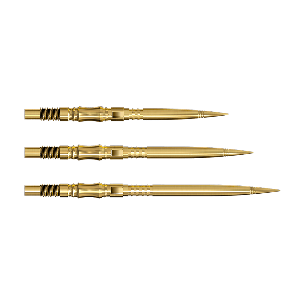 Špičky na šipky Harrows Quick Point Axis Elite Series - zlaté Die Harrows Quick Point Axis Elite Series Dartspitzen in Gold sind auf dem Bild zu sehen. Mehrere goldene Dartspitzen liegen nebeneinander.