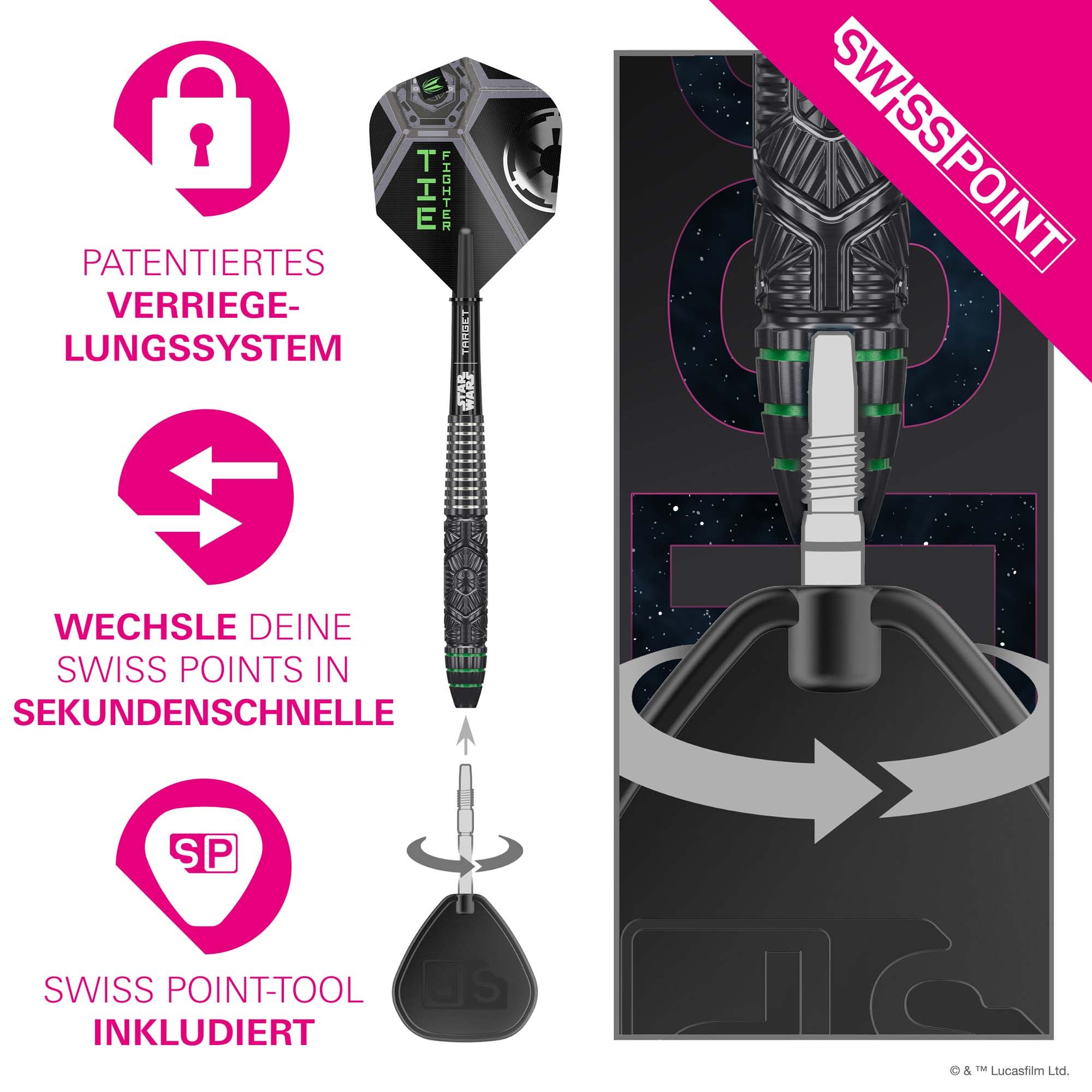 Šipky Target Star Wars Tie Fighter Swiss Point Steel Target Star Wars Tie Fighter Swiss Point Steeldarts ist auf dem Bild zu sehen. Es handelt sich um Steeldarts, inspiriert von Star Wars.