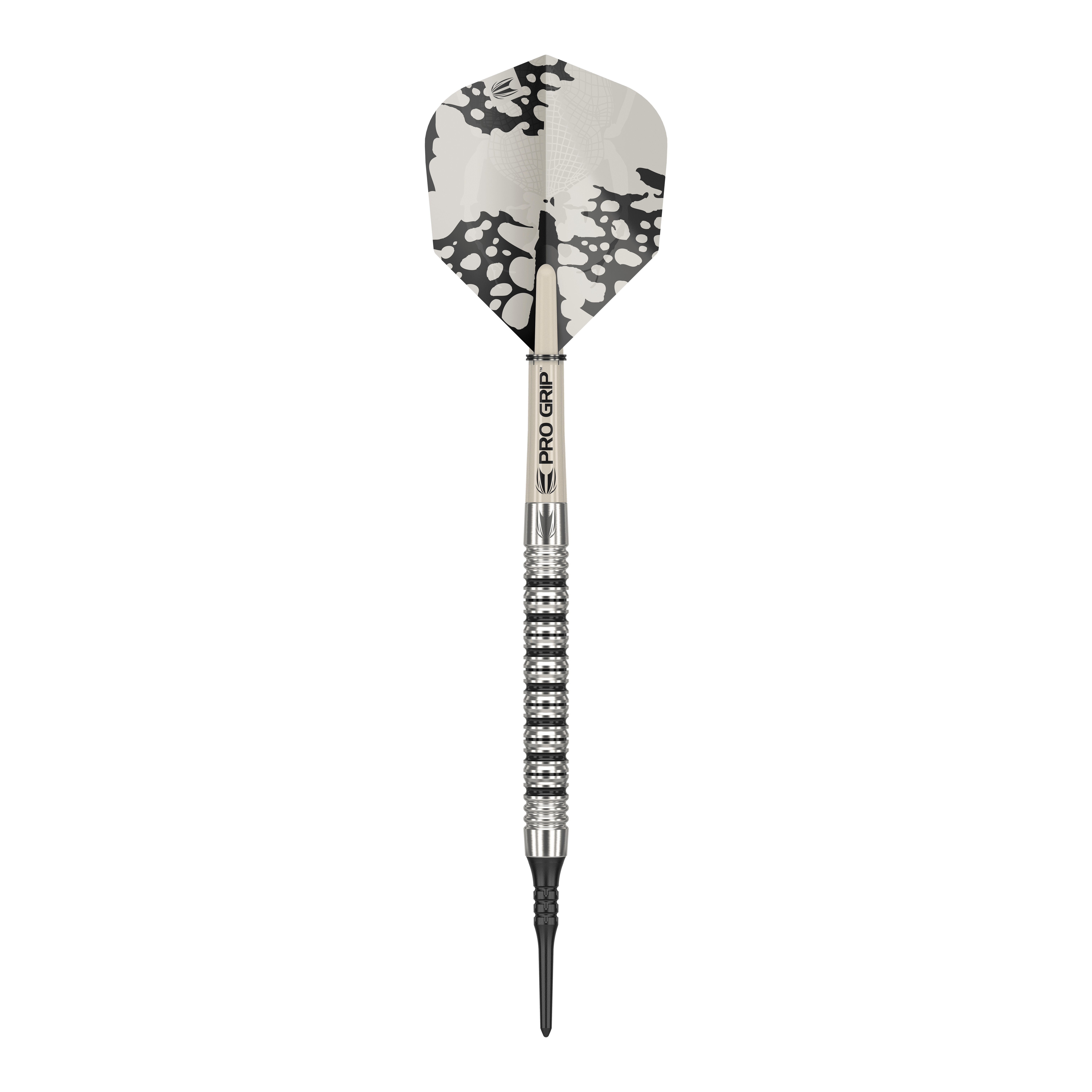 Měkké šipky Target EXO 11 Dies ist ein Softdart des Modells "Target EXO 11". Er hat ein silbernes Barrel mit Rillen und ein Flight mit schwarz-weißem Muster.