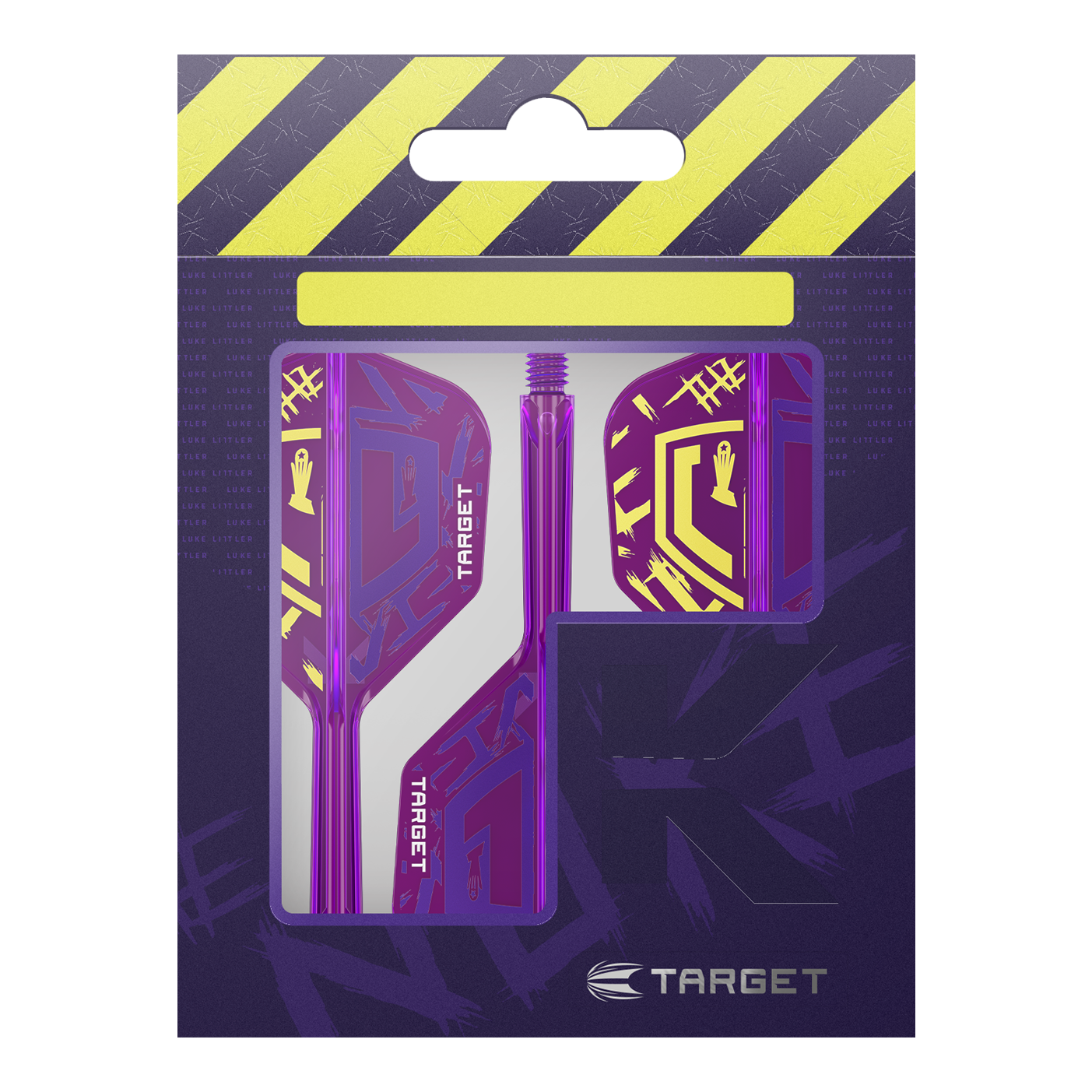 Die Verpackung zeigt die Target K-Flex Luke Littler World Champion 2025 No6 Flights. Die Flights sind vorwiegend lila mit gelben Akzenten und befinden sich in einer auffälligen Verpackung.