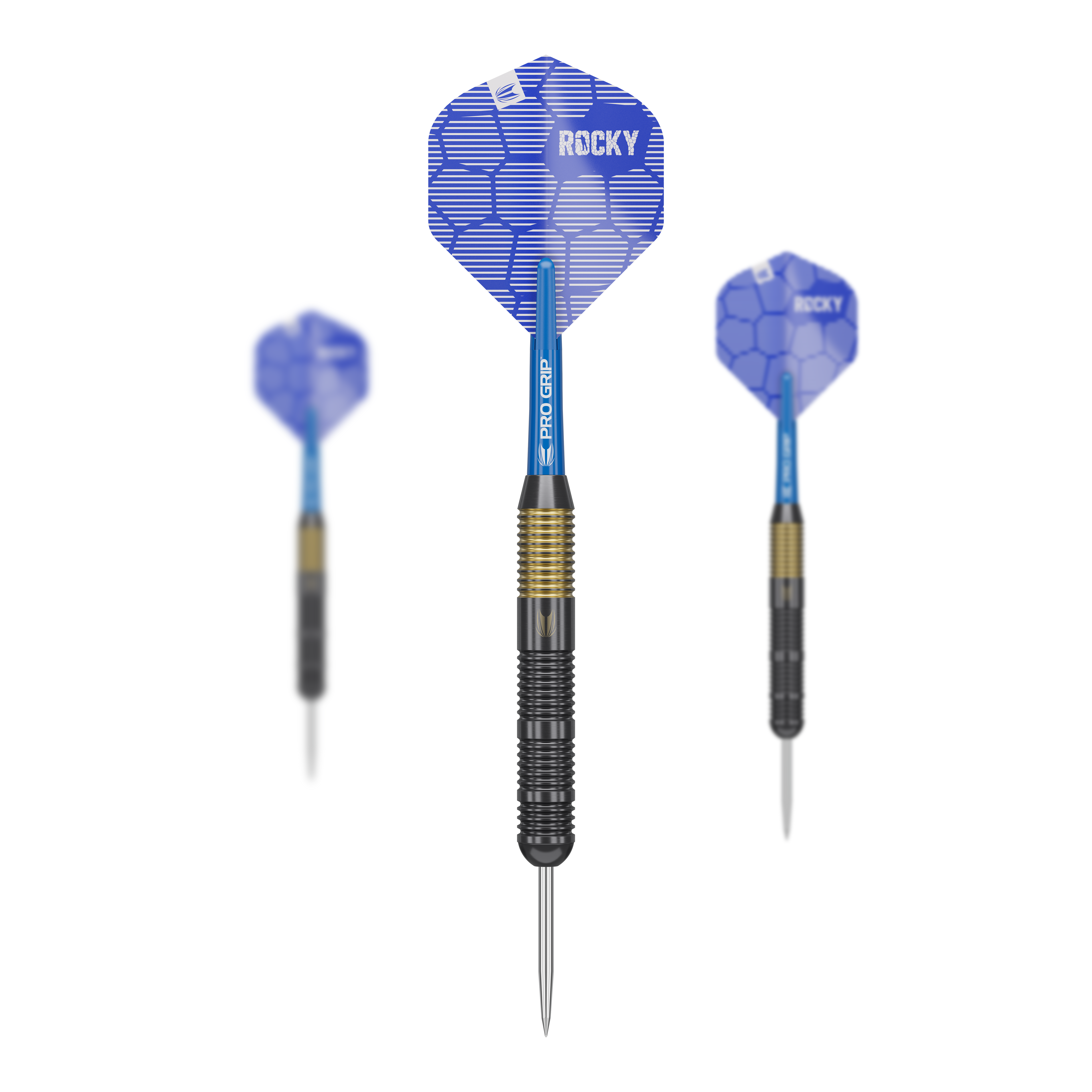 Šipky Target Josh Rock Brass Steel - 22g Das Bild zeigt drei Target Josh Rock Brass Steeldarts mit einem Gewicht von 22g. Die Darts haben blaue Flights mit dem Aufdruck „ROCKY“ und einen schwarz-goldenen Griffbereich.