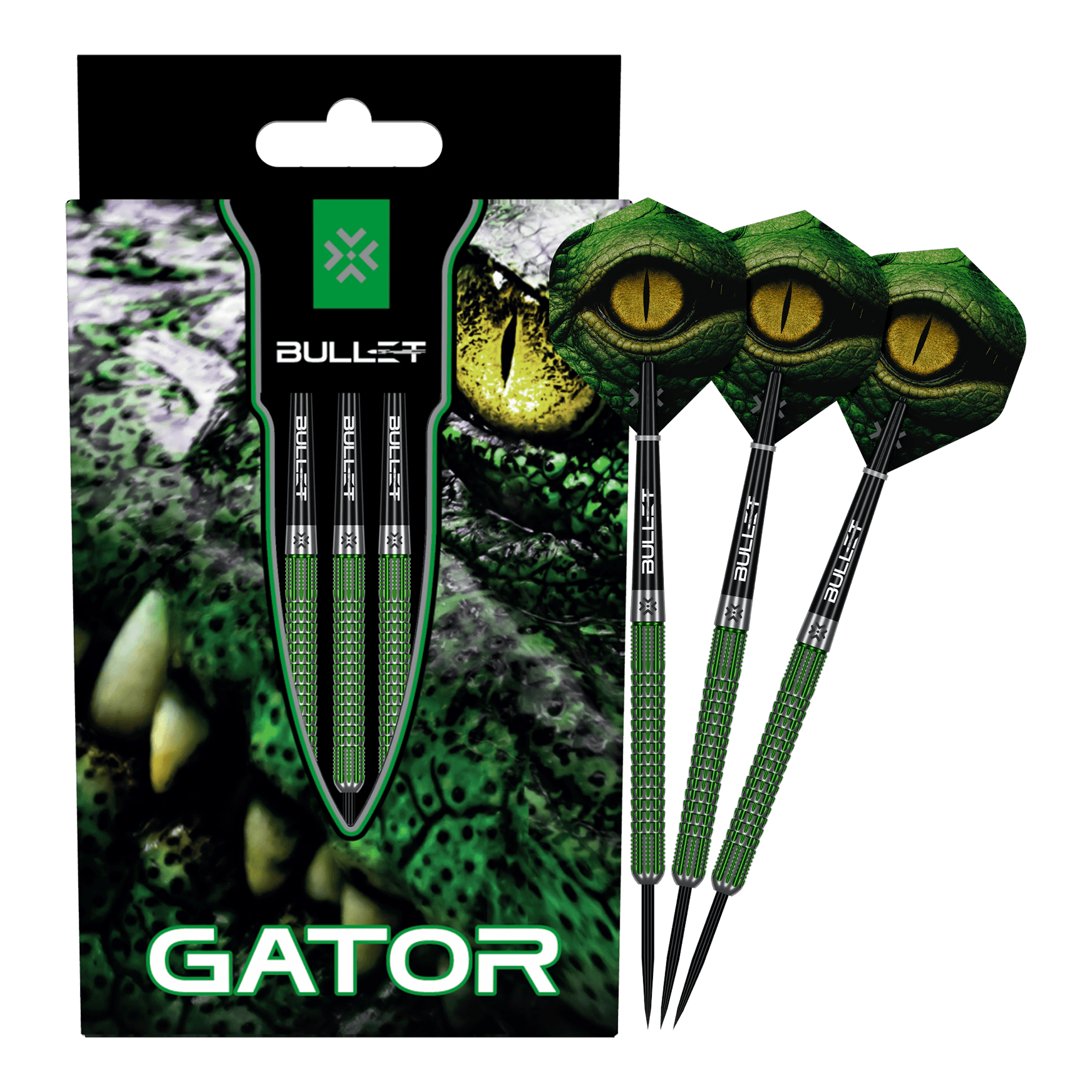 Ocelové šipky Bullet Gator Das Bild zeigt die Bullet Gator Steeldarts. Es handelt sich um Steeldarts für den Präzisions-Dartsport.