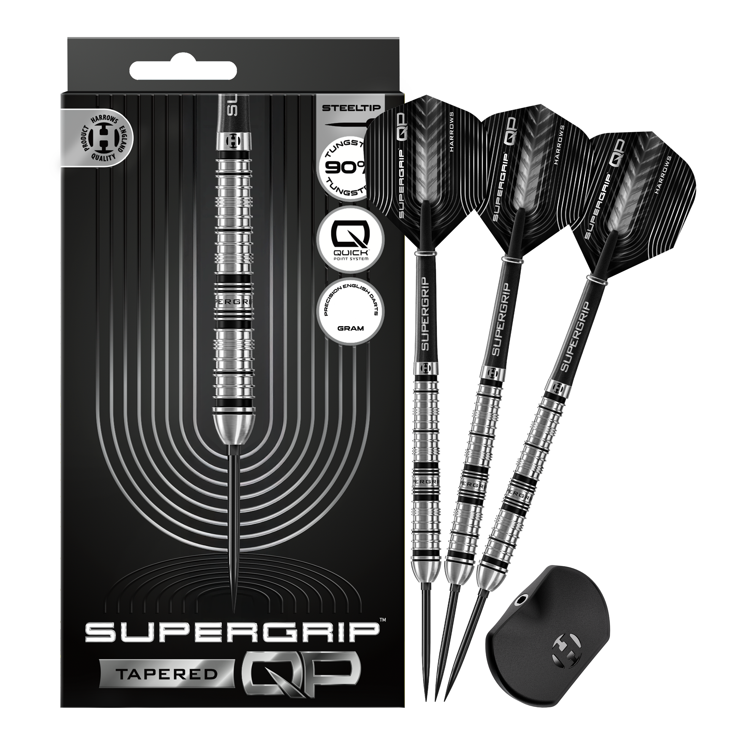 Harrows Supergrip Tapered Quick Point ocelové šipky Abgebildet sind die Harrows Supergrip QP Tapered Quick Point Steeldarts. Es handelt sich um hochwertige Steeldarts für präzises Dartspiel.