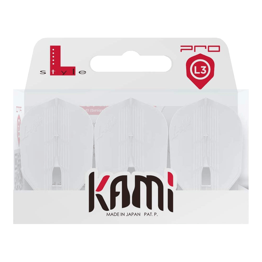 L-Style KAMI L3KPRO Flights Die Abbildung zeigt eine Packung mit drei weißen Dartflights der Marke KAMI. Auf der Verpackung steht „Made in Japan“ und das Produkt ist für das L3 PRO System geeignet.