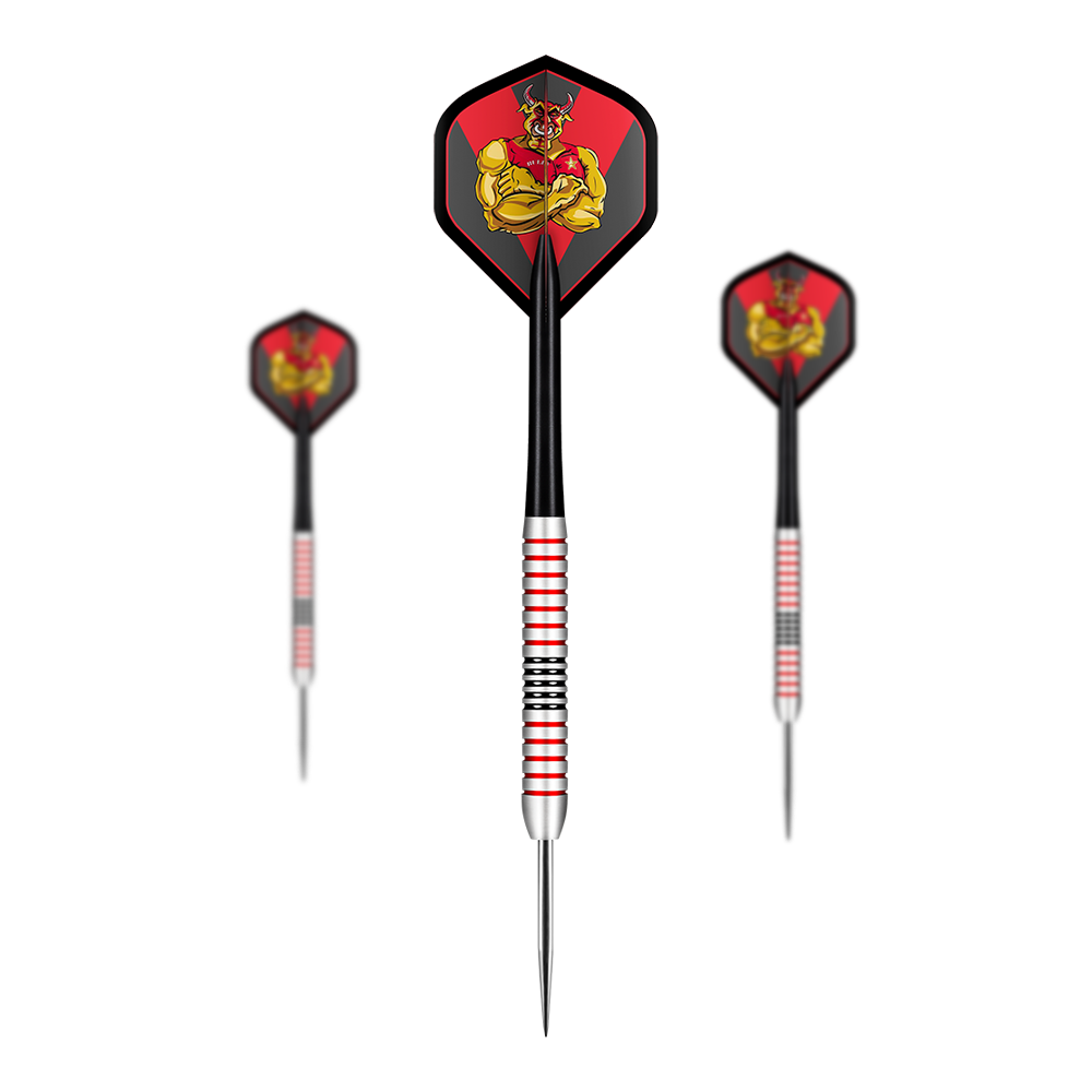 Shot Michael Smith Plated Brass Steeldarts - 24g Das Bild zeigt drei Steeldarts mit silbernen und roten Rillen sowie schwarzen Schäften. Auf den Flights ist eine Grafik mit einer gelben Figur auf rotem Hintergrund abgebildet.