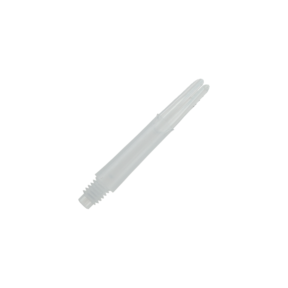 Das Bild stellt einen weißen, geraden L-Style L-Shaft Locked Dart-Schaft ohne Kappen mit einer Länge von 32 mm dar. Es zeigt typisches Zubehör für Darts.