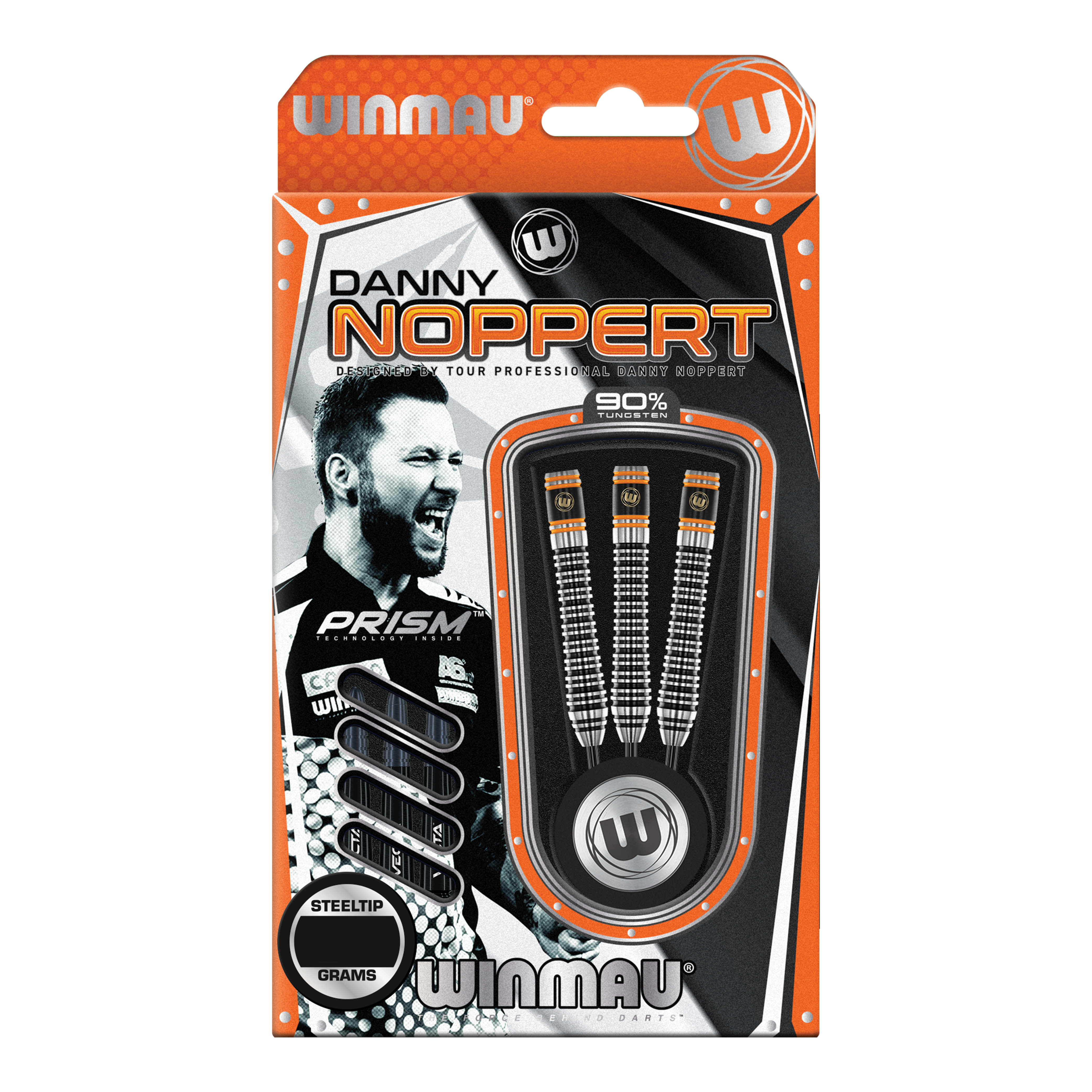Ocelové šipky Winmau Danny Noppert Signature Edition 2 Auf dem Bild ist eine Packung „Winmau Danny Noppert Signature Edition 2 Steeldarts“ zu sehen. Die Verpackung zeigt drei Steeldarts und ein Porträt von Danny Noppert.