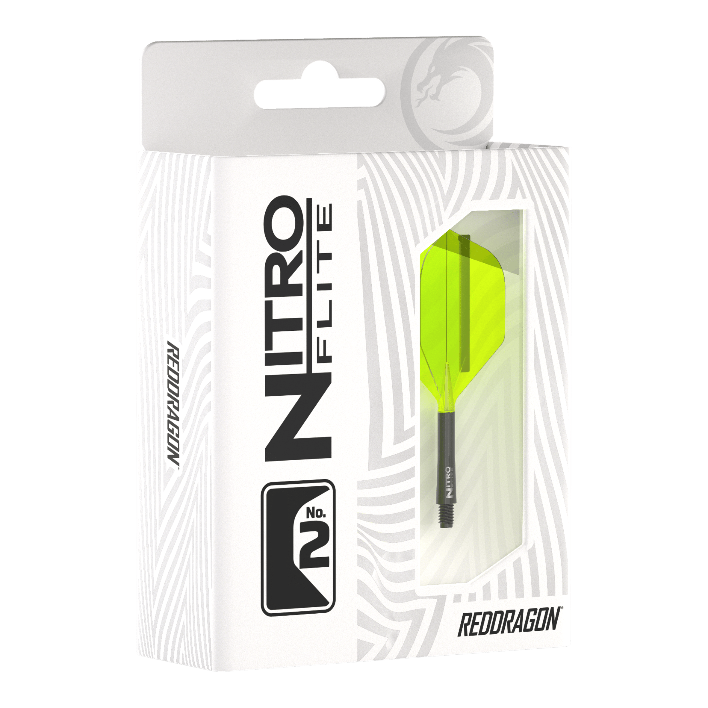 Die Abbildung zeigt die Verpackung des Produkts "Red Dragon Nitroflite - Black Shaft Yellow No2 Flights". In der Packung ist ein Dartflight mit gelben Flügeln und schwarzem Schaft zu sehen.