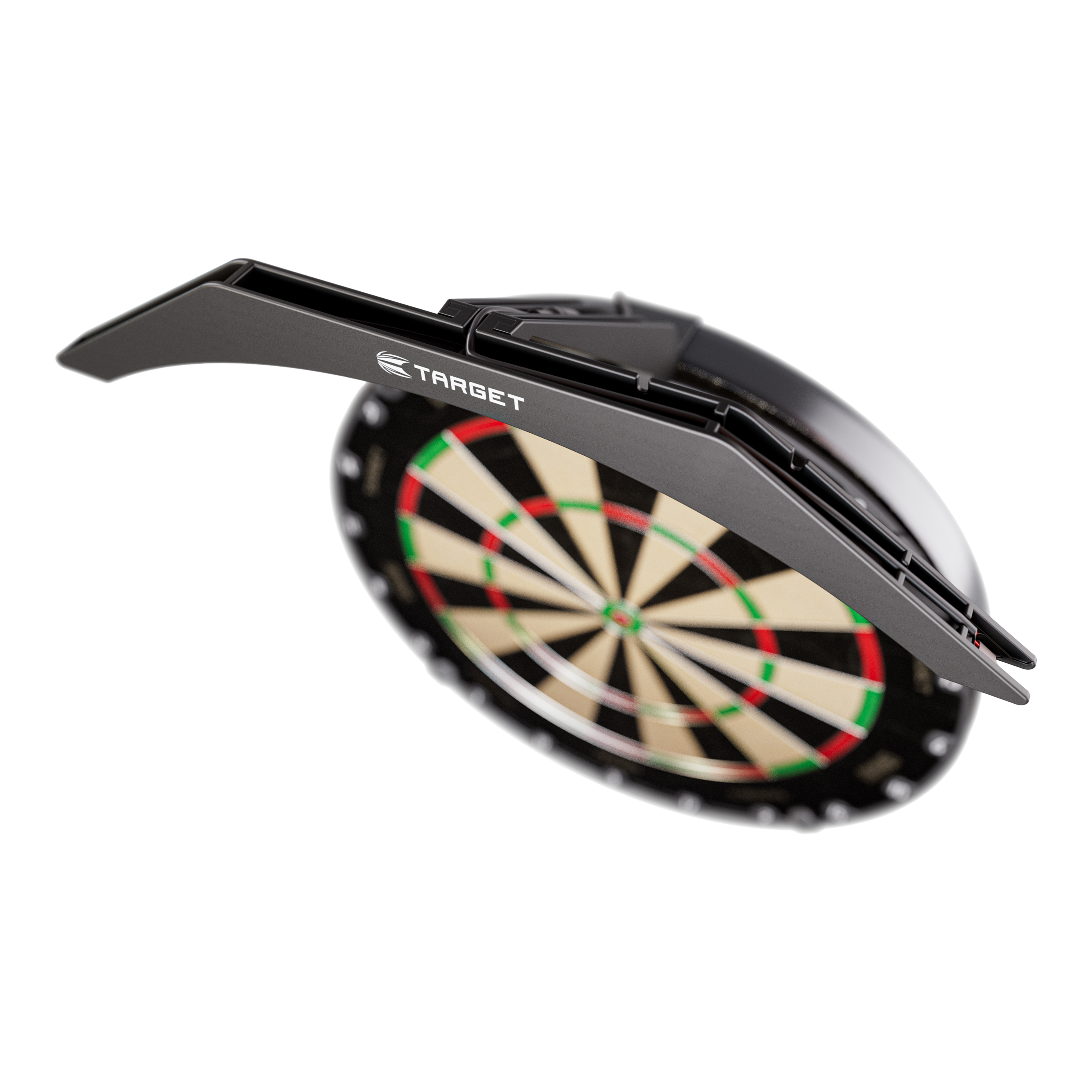 Osvětlení terče Target ARC V2 Das Bild zeigt die "Target ARC V2 Dartboard Beleuchtung", die über einem Dartboard angebracht ist. Die Beleuchtung sorgt für optimale Ausleuchtung der Dartscheibe beim Spielen.