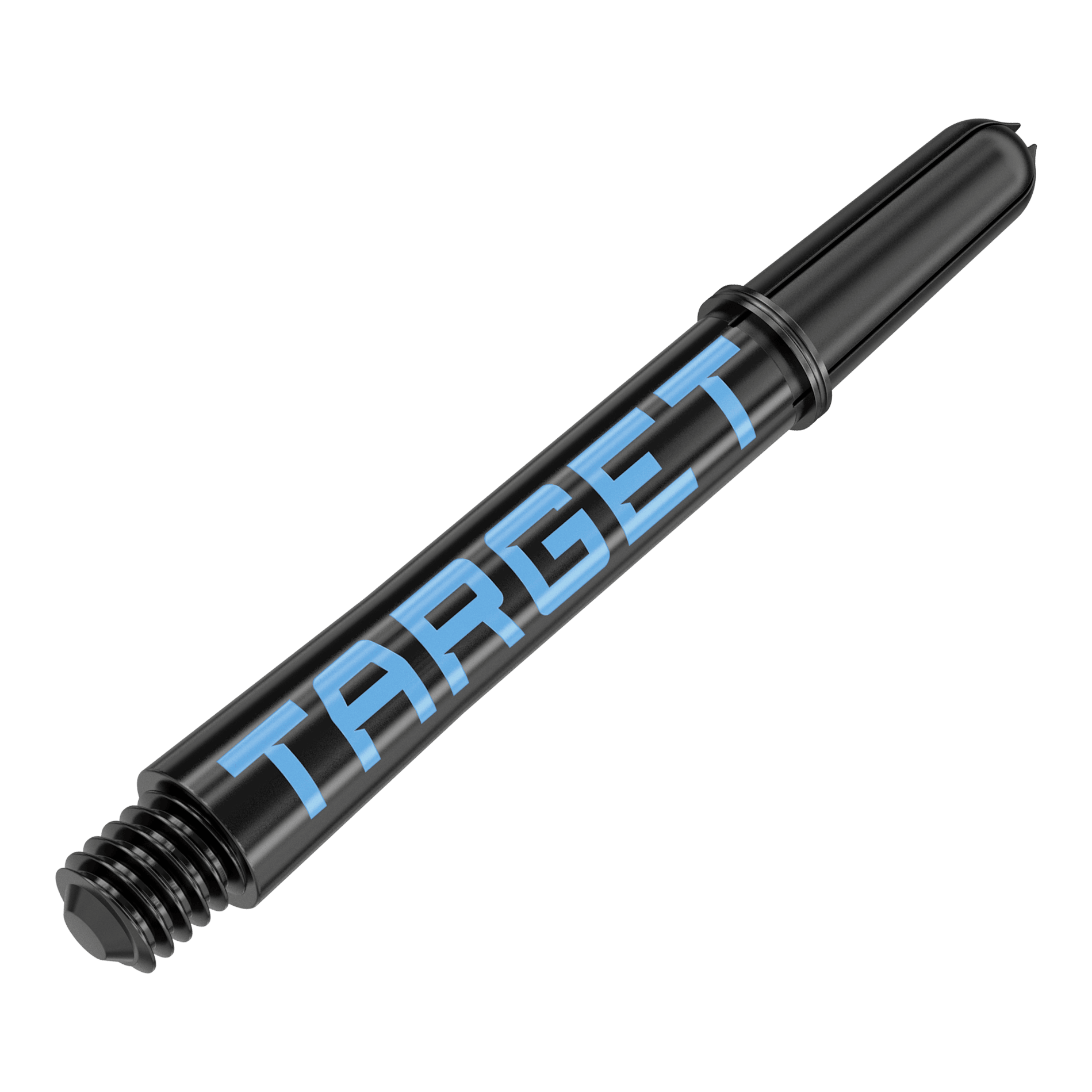 Násadky Target Pro Grip TAG - 3 sady - černomodré Dies ist ein schwarzer Dart-Schaft mit blauer Schrift. Auf dem Schaft steht das Wort "TARGET".