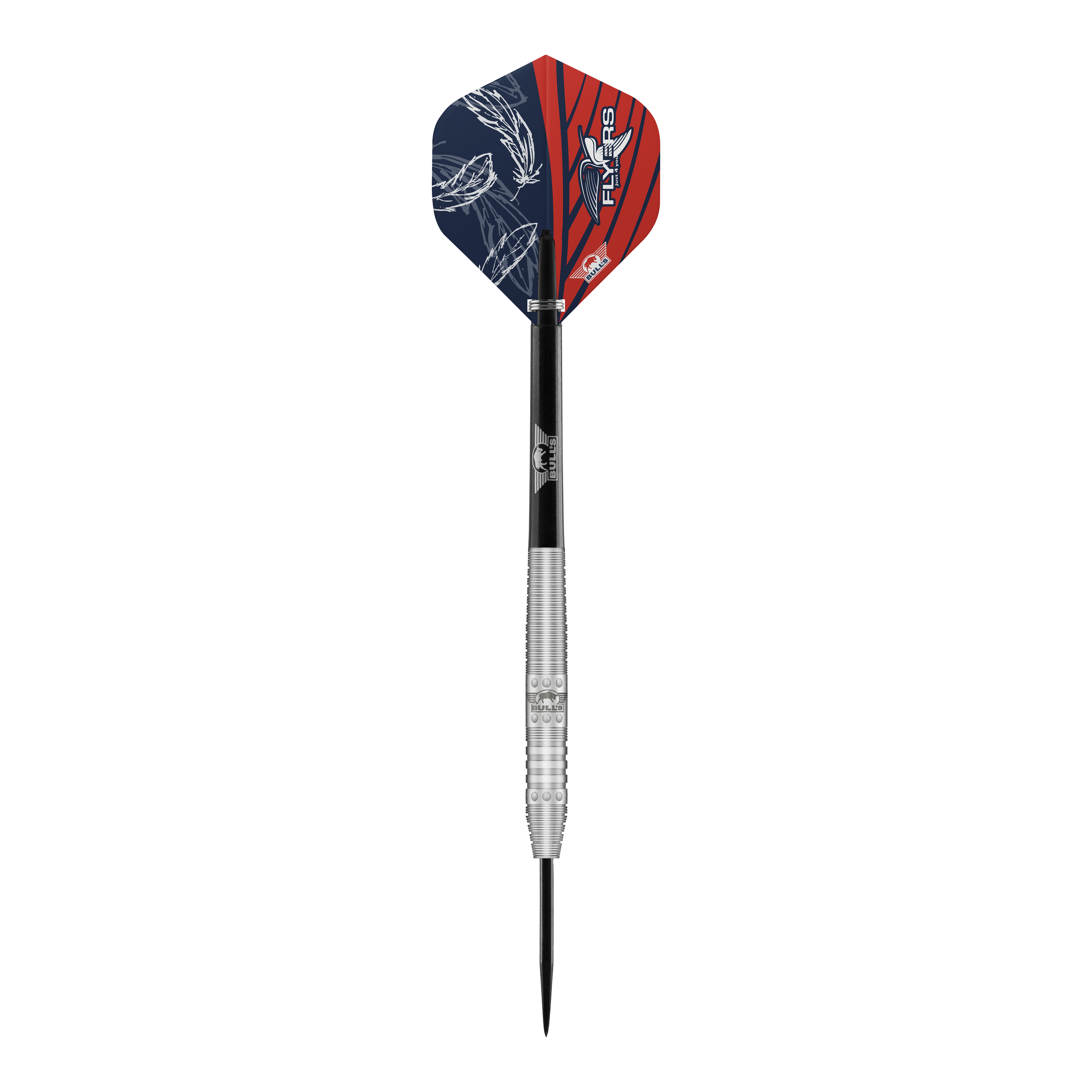 Bulls NL Richard Veenstra 80 ocelové šipky - 23g Das Bild zeigt einen Steeldartpfeil namens "Bulls NL Richard Veenstra 80 Steeldarts - 23g". Der Dart hat eine silberne, gerillte Spitze und bunte Flights in Blau und Rot mit weißen Mustern.