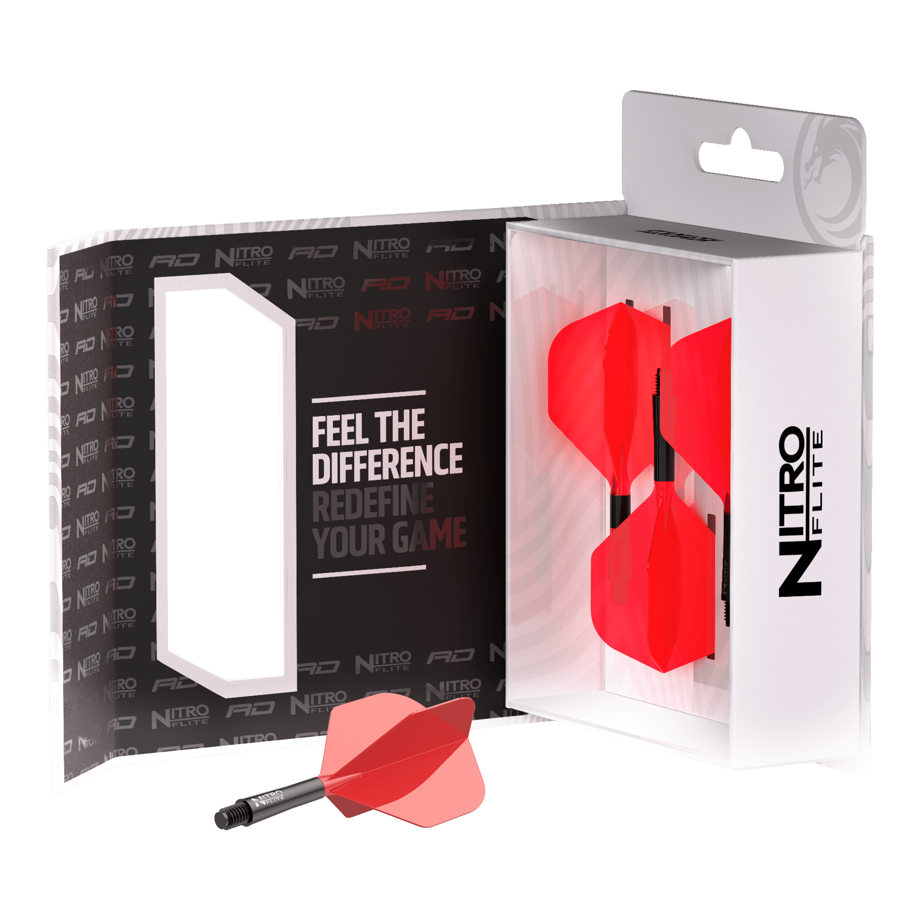 Red Dragon Nitroplite - Black Shaft Red No2 Flights Zu sehen ist Red Dragon Nitroflite - Black Shaft Red No2 Flights. Die Dart-Flights zeigen ein Design in Schwarz und Rot.