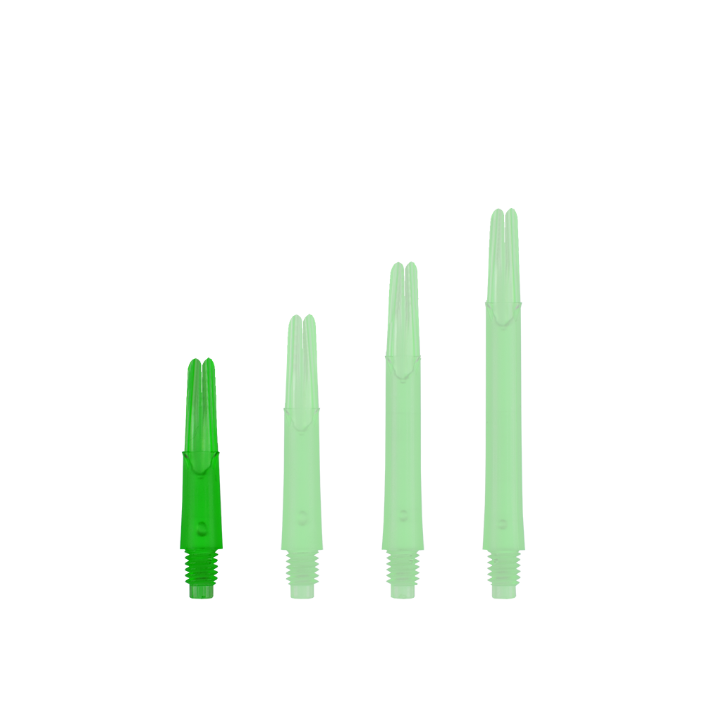L-L-Style-Shafts Locked Straight - Green Auf dem Bild sind vier grüne, gerade Dartschäfte in unterschiedlichen Längen zu sehen. Sie stehen nebeneinander und haben eine transparente Optik.