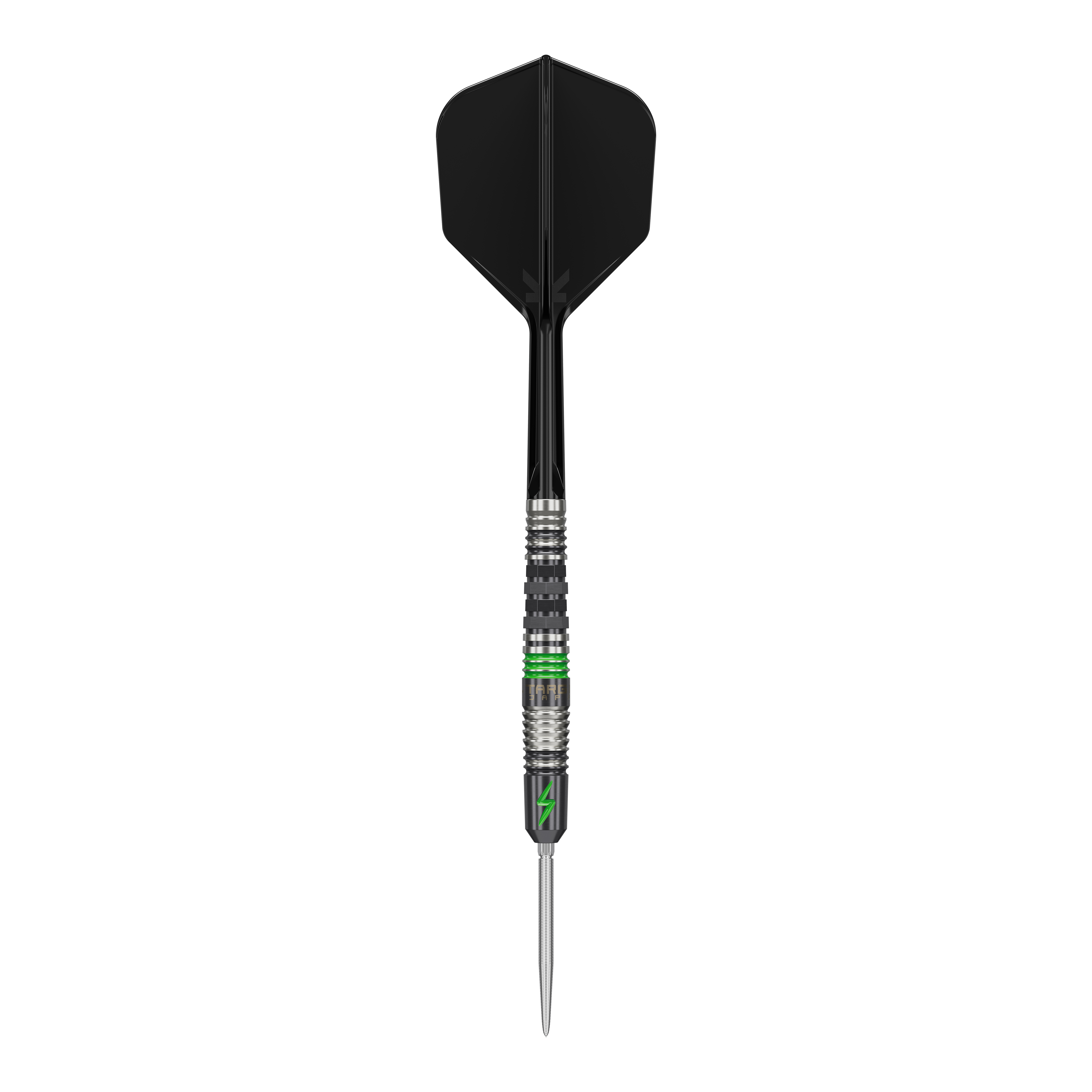 Ocelové šipky Target Japan Black Marque Lightning 3 SP Das Bild zeigt einen Target Japan Black Marque Lightning 3 SP Steeldart. Der Dartpfeil hat ein schwarzes Flight und Details in Silber und Grün am Schaft.