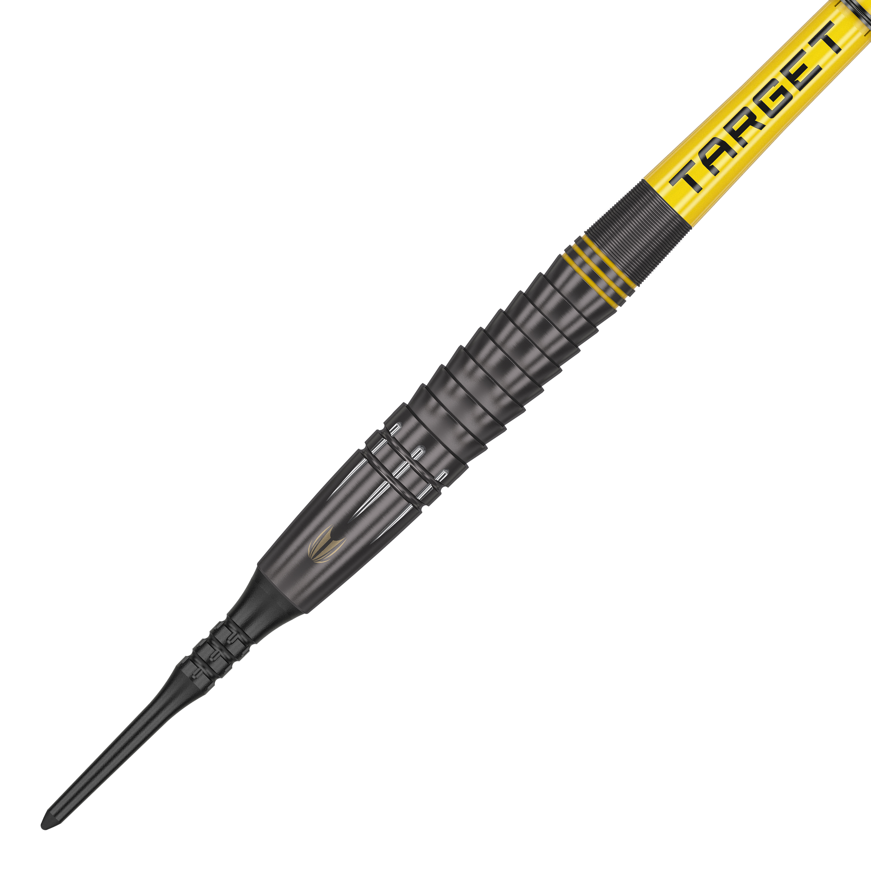 Šipky Target Scott Williams Shaggy Black Soft - 20g Das Bild zeigt einen schwarzen Softdart mit gelben Akzenten und der Aufschrift "TARGET". Es handelt sich um das Produkt "Target Scott Williams Shaggy Black Softdarts - 20g".