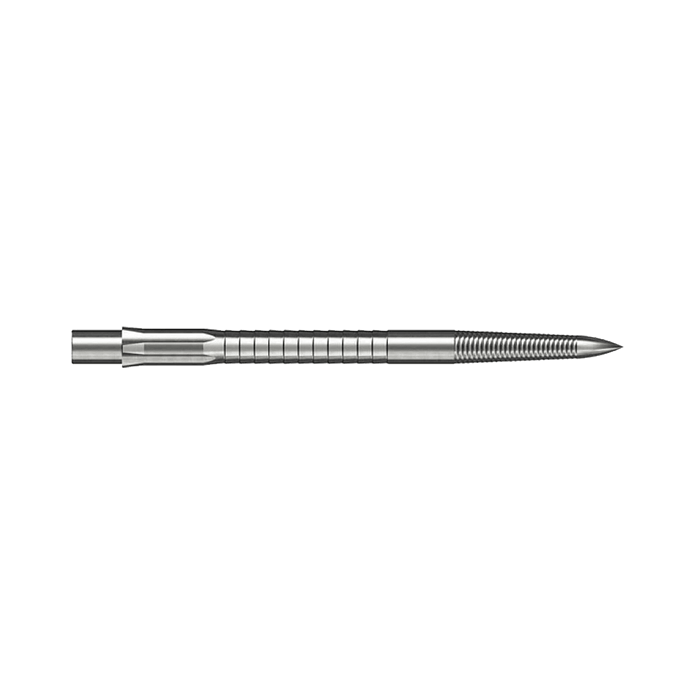 Ocelové hroty na šipky Caliburn System - Micro Grip - stříbrné Die Abbildung zeigt eine Caliburn Evo System Steeldartspitze Micro Grip in Silber mit 36 mm Länge. Die Spitze ist detailliert und auf weißem Hintergrund dargestellt.