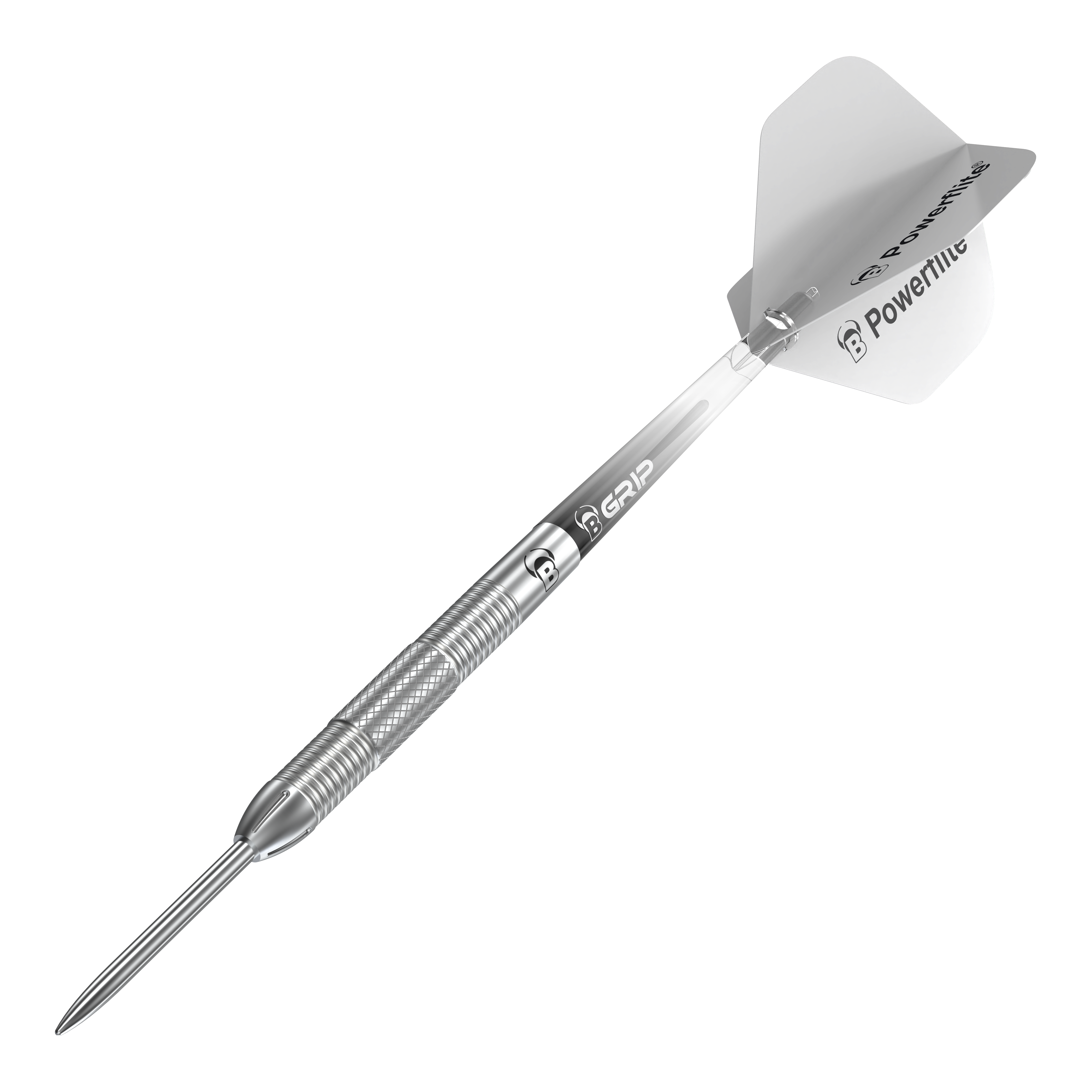 Bulls Challenger Sascha Stuhlemmer Steeldarts - 23g Das Bild zeigt einen Bulls Challenger Sascha Stuhlemmer Steeldart mit einem Gewicht von 23g. Der Dartpfeil ist silberfarben und hat eine strukturierte Griffzone sowie weiße Flights.