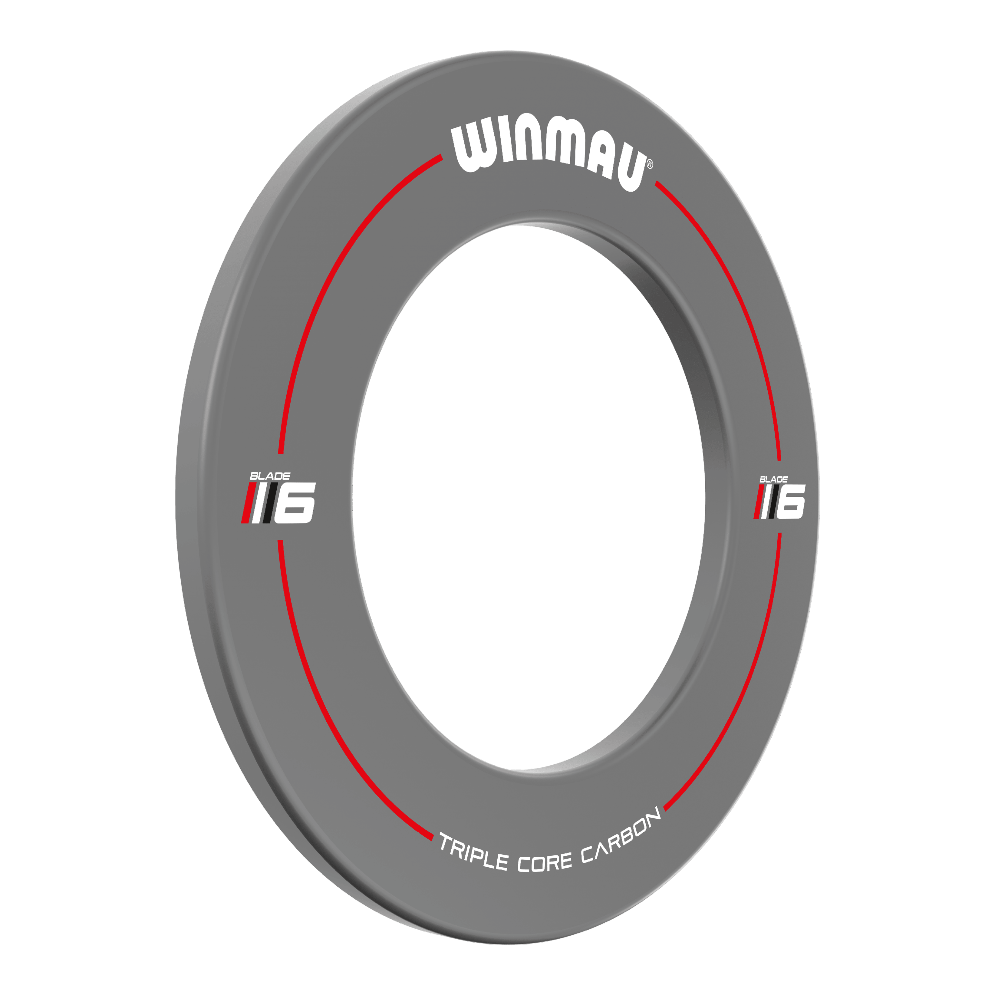 Winmau Blade 6 Design Dartboard Surround - Grau Das Bild zeigt das Produkt "Winmau Blade 6 Design Dartboard Surround" in Grau. Der Dartboard-Surround ist rund, hat rote Akzente und weißen Text.