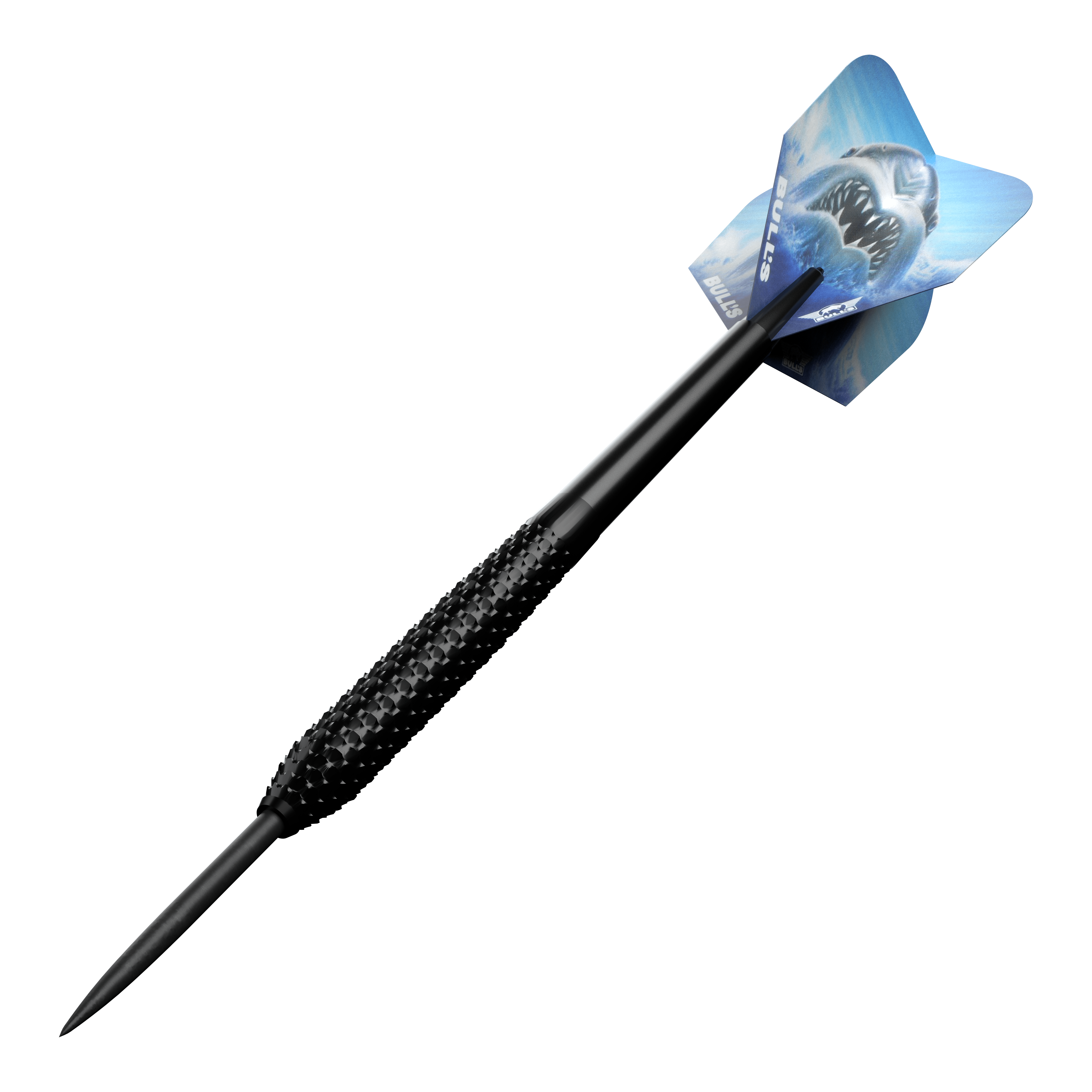 Šipky Bulls NL Shark Pro černé ocelové Der Bulls NL Shark Pro Black Steeldart ist ein schwarzer Steeldartpfeil mit einer strukturierten Griffzone. Auf dem Flight ist ein bedrohlicher Hai abgebildet.