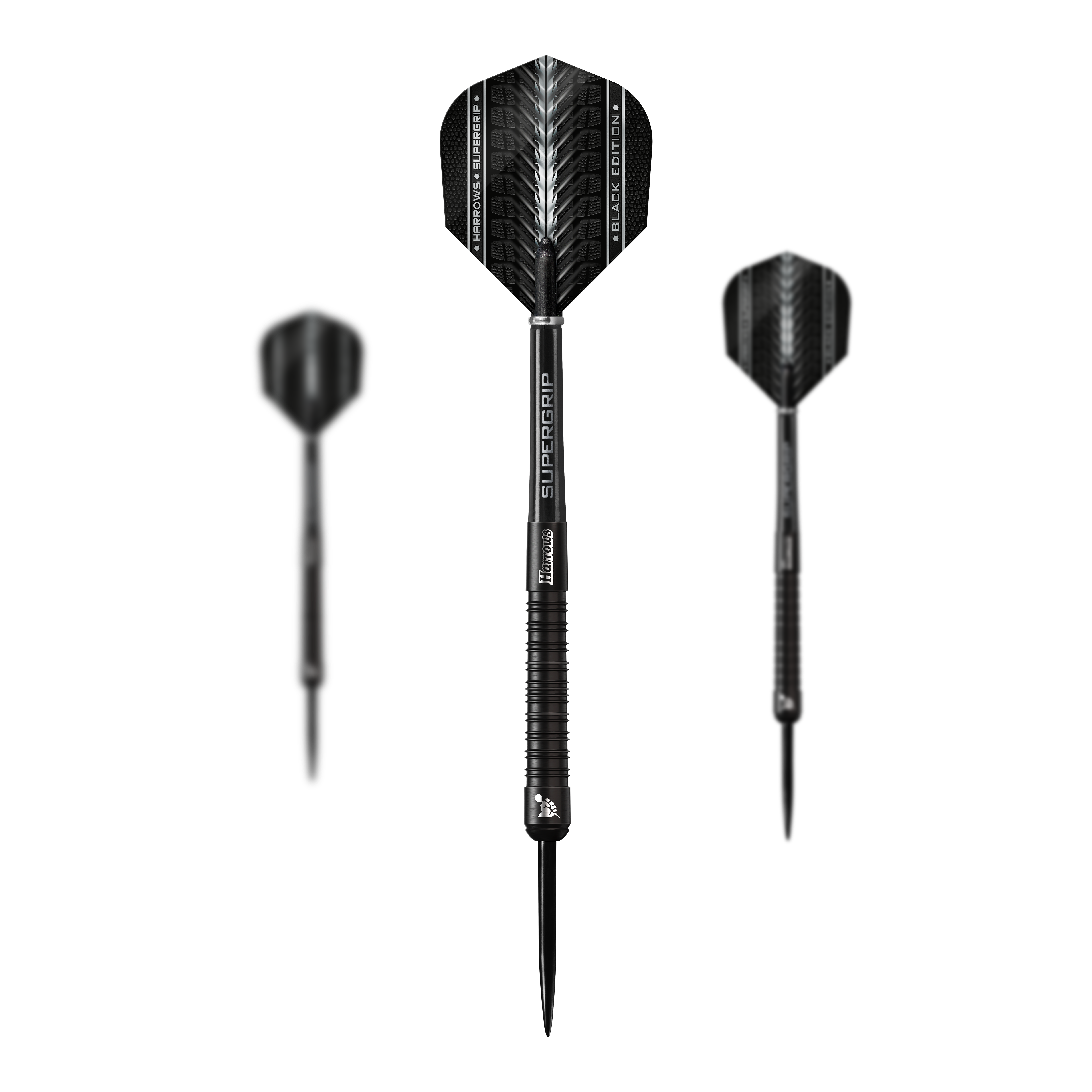 Ocelové šipky Harrows Supergrip Black Edition Das Bild zeigt drei schwarze Steeldarts der Marke Harrows Supergrip Black-Edition. Die Darts haben ein elegantes Design mit silbernen und schwarzen Akzenten.