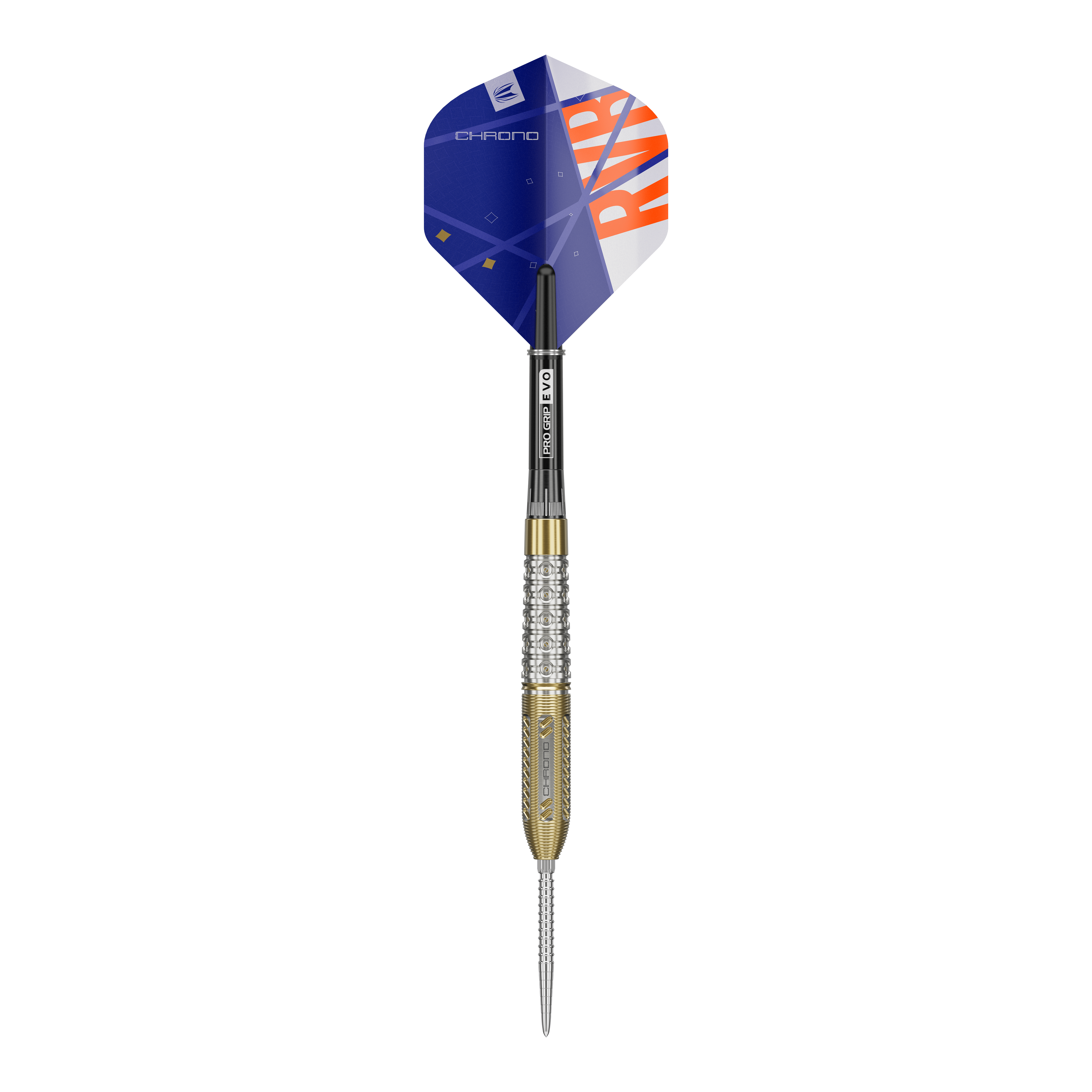 Terč Raymond Van Barneveld Chrono 95 Swiss Point Steel Darts Dies ist ein Steeldart der Marke Target, Modell Raymond Van Barneveld Chrono 95 Swiss Point. Der Dart hat ein modernes Design mit gold-silbernem Barrel und einem blauen Flight mit orangen Details.