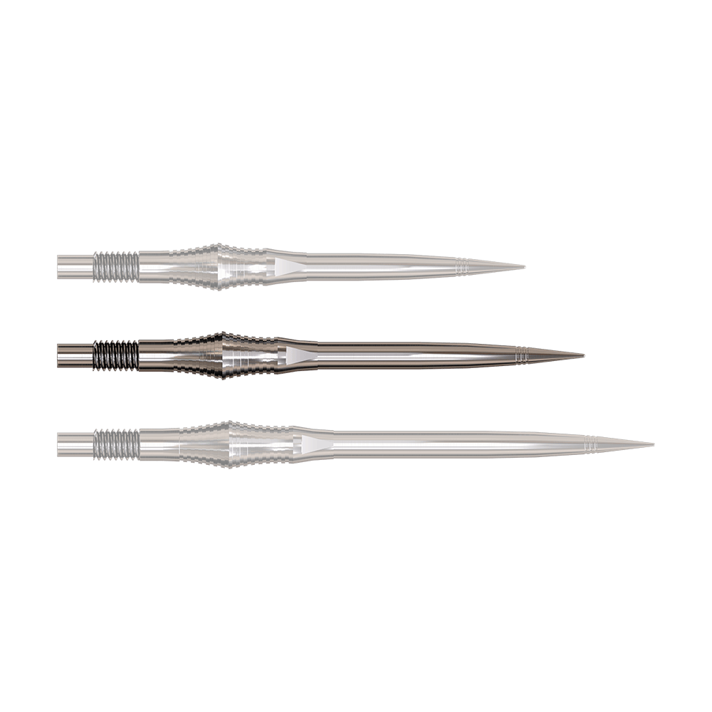 Dartspitzen der Spire Silver Elite Serie in 35mm Länge werden gezeigt. Die Spitzen sind metallisch und silber.
