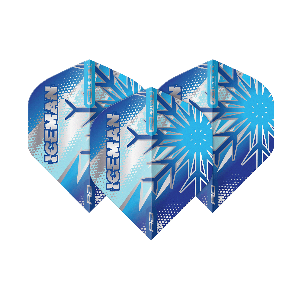Standardní lety Red Dragon Gerwyn Price Blue Flake No2 Das Bild zeigt drei blaue Dart-Flights mit Eiskristall-Muster und dem Schriftzug "ICEMAN". Die Flights sind das Produkt "Red Dragon Gerwyn Price Blue Flake No2 Standard Flights".