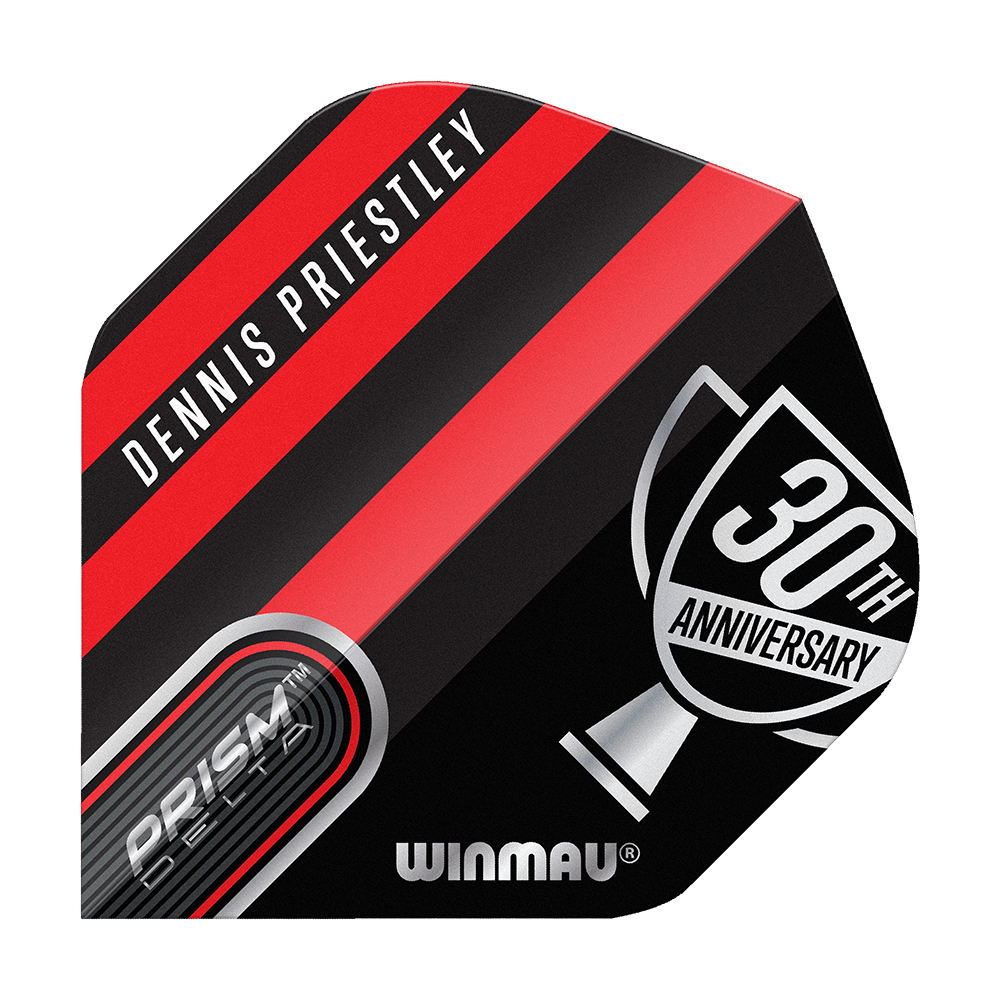 Letky Winmau Prism Delta Dennis Priestley Diamond 3-Zero No2 Standard Das Bild zeigt ein Dart-Flight mit dem Namen "Dennis Priestley" und einem schwarz-roten Design. Auf dem Flight steht zudem "30th Anniversary" und "Winmau Prism Delta".
