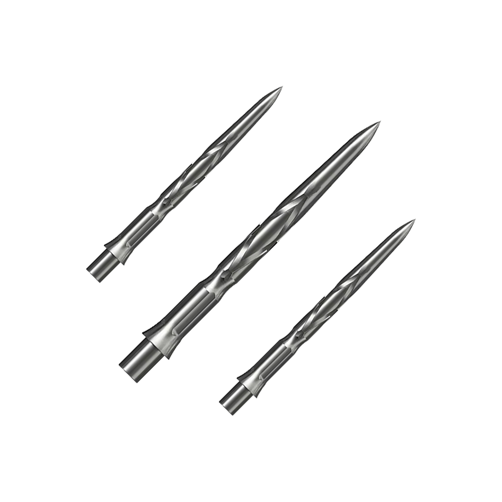 Ocelové hroty na šipky Caliburn System - HAN G2 - Stříbrné Auf dem Bild sind drei silberne Steeldartspitzen zu sehen. Sie haben eine spitz zulaufende Form mit eingeritztem Muster.
