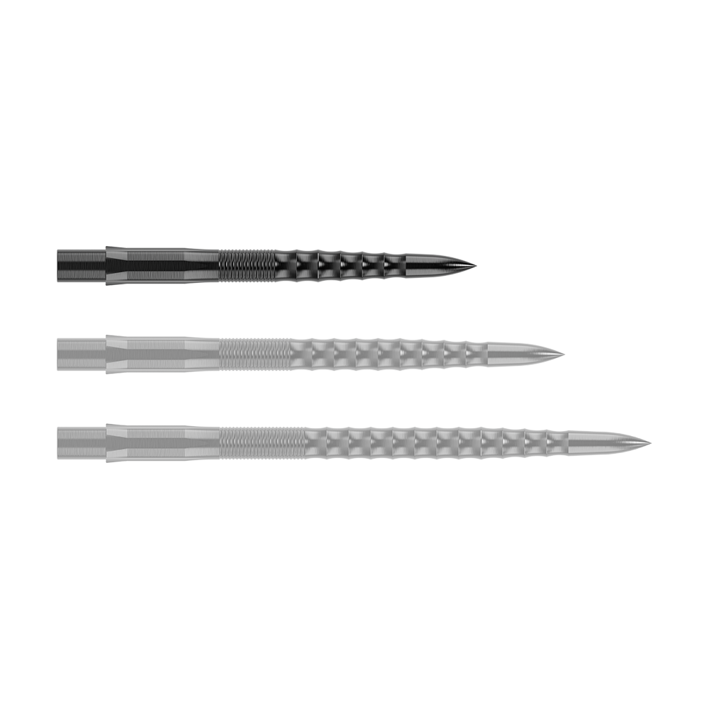 Špičky na šipky Mission Caliburn EVO - Ripple - černé Das Bild zeigt drei schwarze Steeldartspitzen mit einer geriffelten Oberfläche. Sie sind nebeneinander angeordnet und haben eine spitz zulaufende Form.