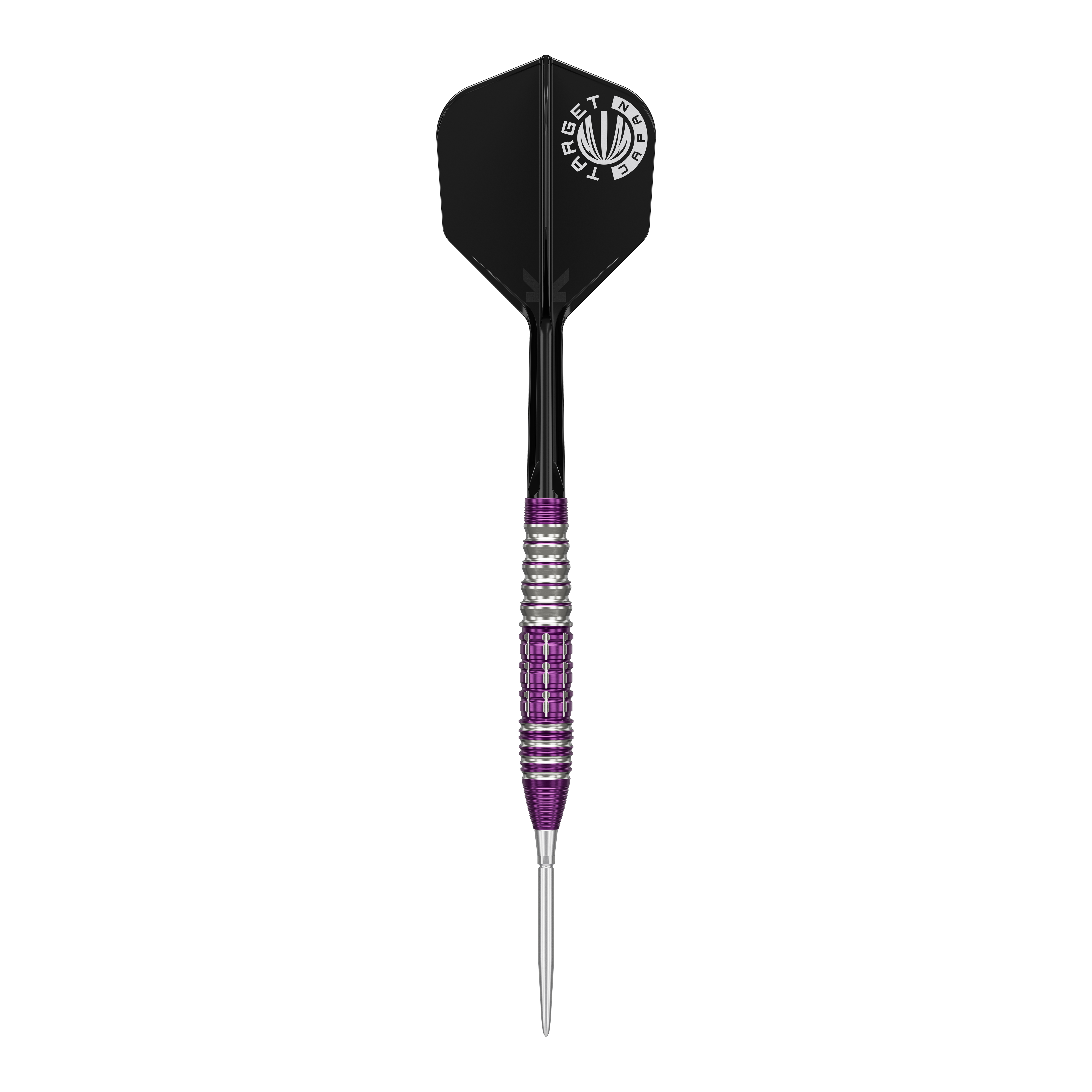 Šipky Target Japan Prime Series Tung Suk Zenith GEN1 Swiss Point Steeldarts - 23g Das Bild zeigt einen Steeldartpfeil aus der Target Japan Prime Series mit silber-lila geriffeltem Barrel und schwarzer Flight. Auf dem Flight ist ein weißes Logo mit der Aufschrift "TARGET JAPAN" zu sehen.