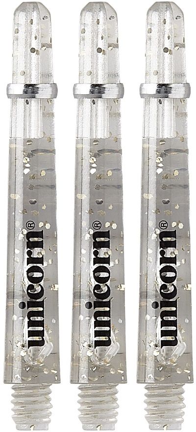 78988-Gripper-4-Elements-Clear-Medium Das Bild zeigt drei transparente Dartschäfte mit silbernen Glitzerelementen. Auf jedem Schaft steht das Wort "unicorn" in schwarzer Schrift.