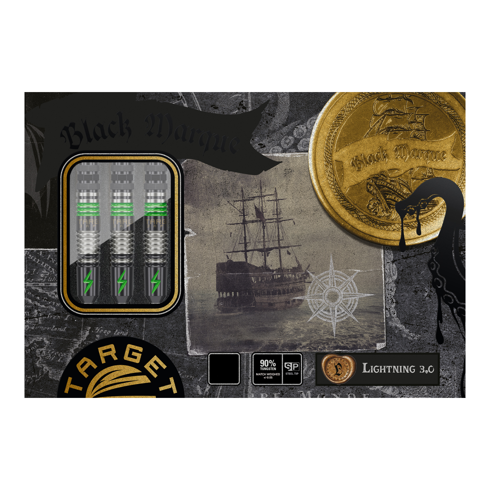 Das Bild zeigt die Verpackung der "Target Japan Black Marque Lightning 3 SP Steeldarts". Auf der Verpackung sind drei Dartpfeile, ein altes Segelschiff und goldene Münzen abgebildet.