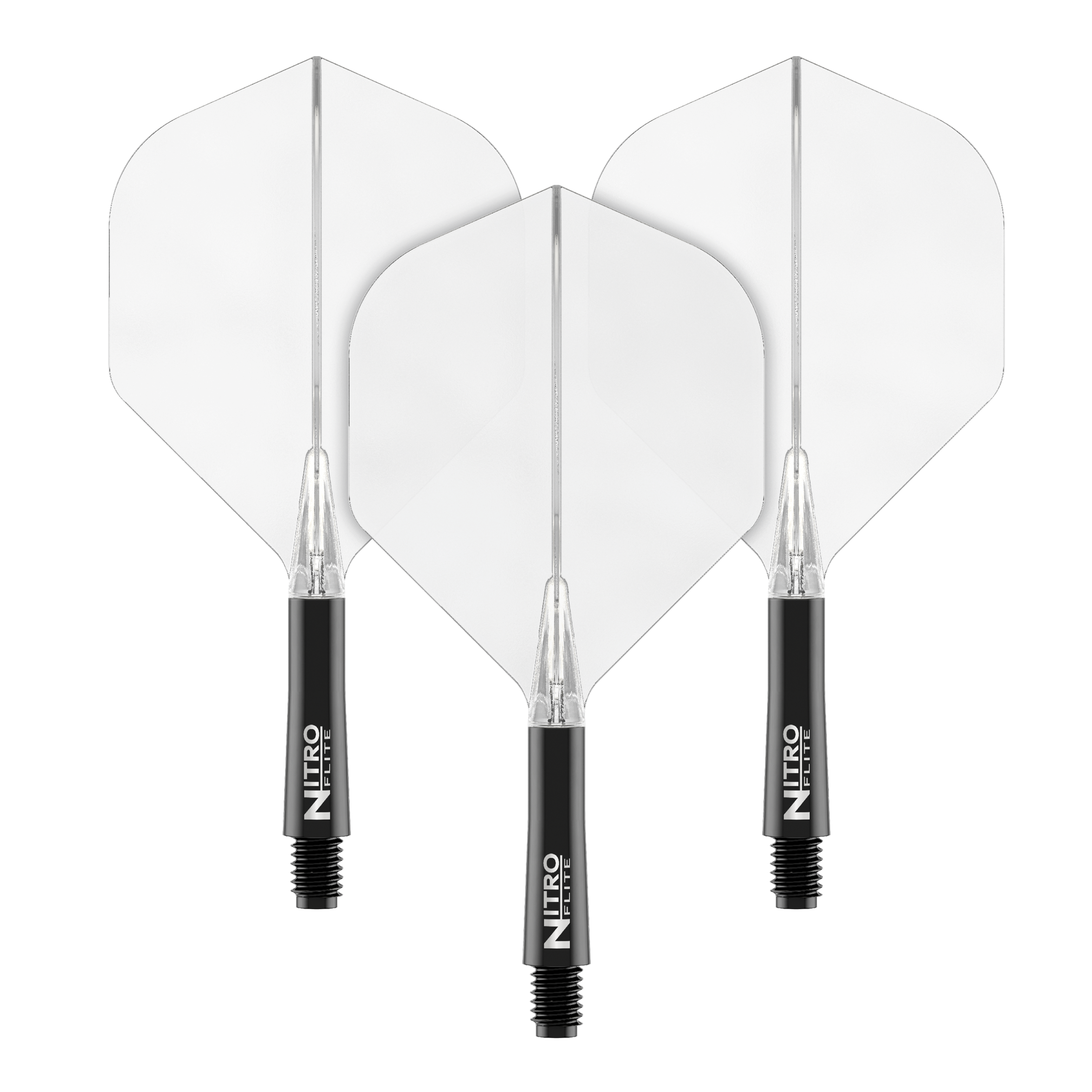 Red Dragon Nitroplite - Black Shaft Clear No2 Flights Das Bild zeigt drei Dart Flights mit weißen Flügeln und schwarzen Schäften. Auf den Schäften steht der Schriftzug "Nitro Flite".