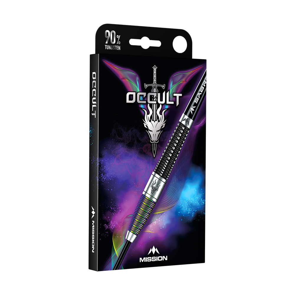 M001317_Mission_Occult_Steeldarts_3 Die Abbildung zeigt die Verpackung der "Mission Occult Steeldarts - 23g". Auf der Vorderseite sind ein Dartpfeil, ein Drachenkopf mit Schwert und bunte Rauchwolken zu sehen.