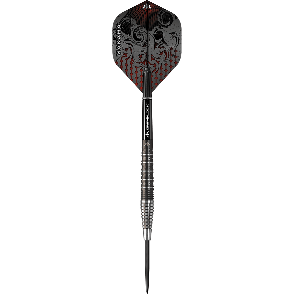 Ocelové šipky Mission Makara M2 - 23g Das Bild zeigt einen Mission Makara M2 Steeldart mit einem Gewicht von 23 Gramm. Der Dart hat ein auffälliges Design mit schwarzen und roten Verzierungen auf dem Flight.