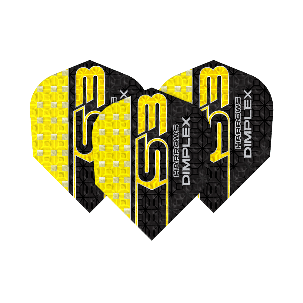 Letky Harrows Dimplex S3 - žluté Das Bild zeigt drei gelbe und schwarze Dartflights des Modells "Harrows Dimplex S3". Auf den Flights steht der Schriftzug "S3 HARROWS DIMPLEX".