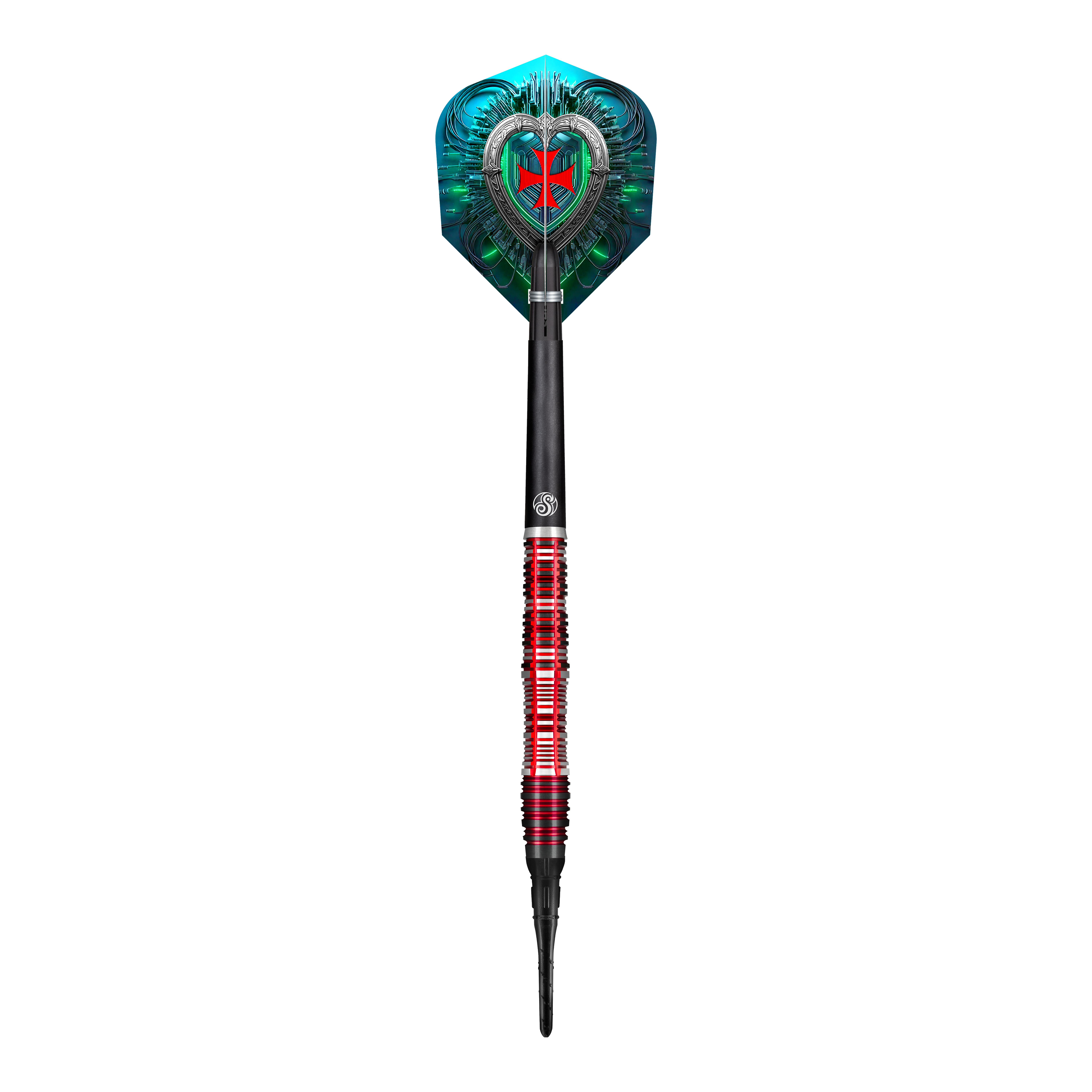 Das Bild zeigt einen Softdart namens "Shot Future Knights Dreadheart" mit einem Gewicht von 20g. Der Dart hat ein auffälliges Design mit roten und schwarzen Akzenten sowie einem blau-grünen Flight mit einem futuristischen Muster.