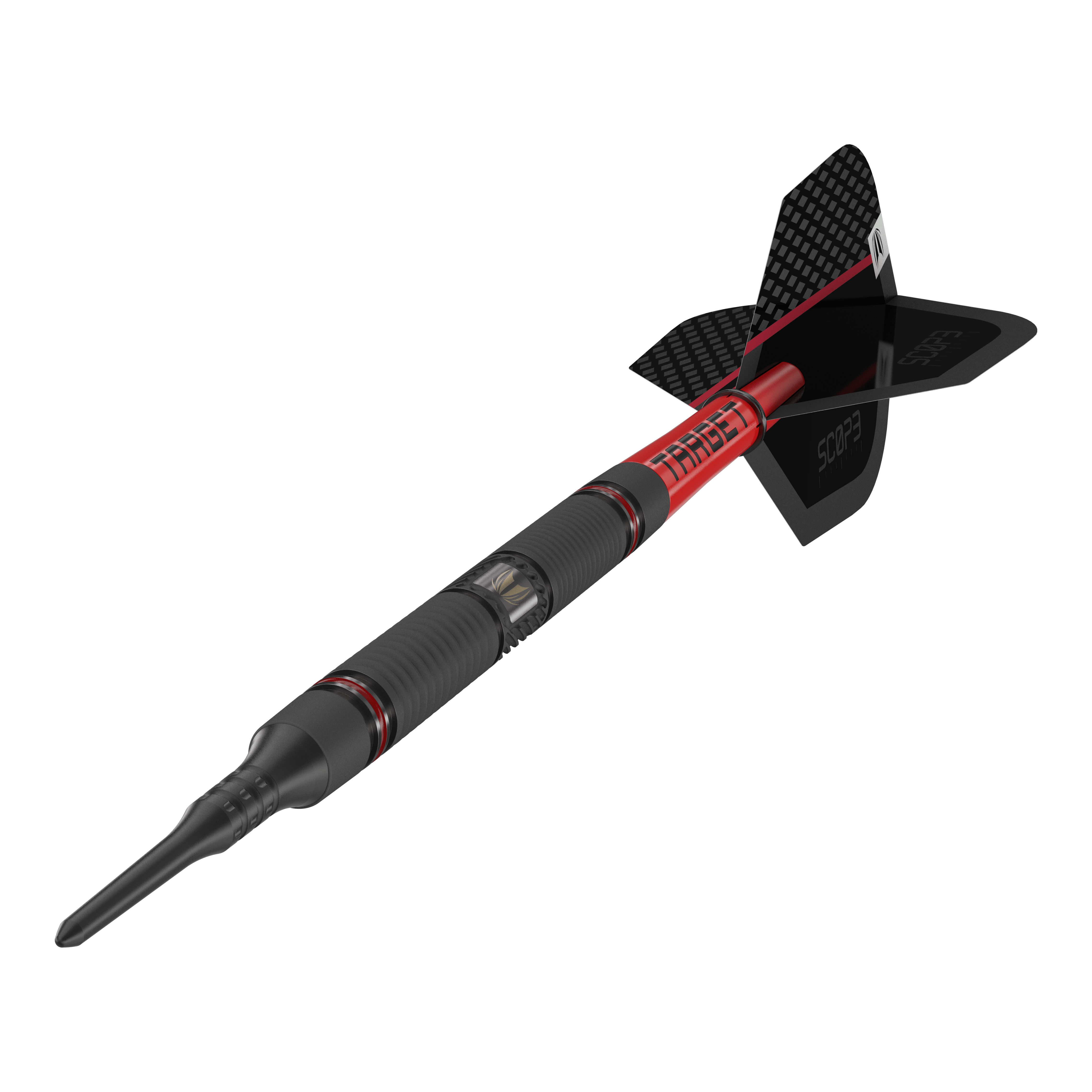 Target Scope 10 měkkých šipek Das Bild zeigt einen modernen Softdart mit dem Namen "Target Scope 10 Softdarts". Der Dart ist schwarz und rot gestaltet und hat eine auffällige, strukturierte Oberfläche sowie eine schwarze Flight.