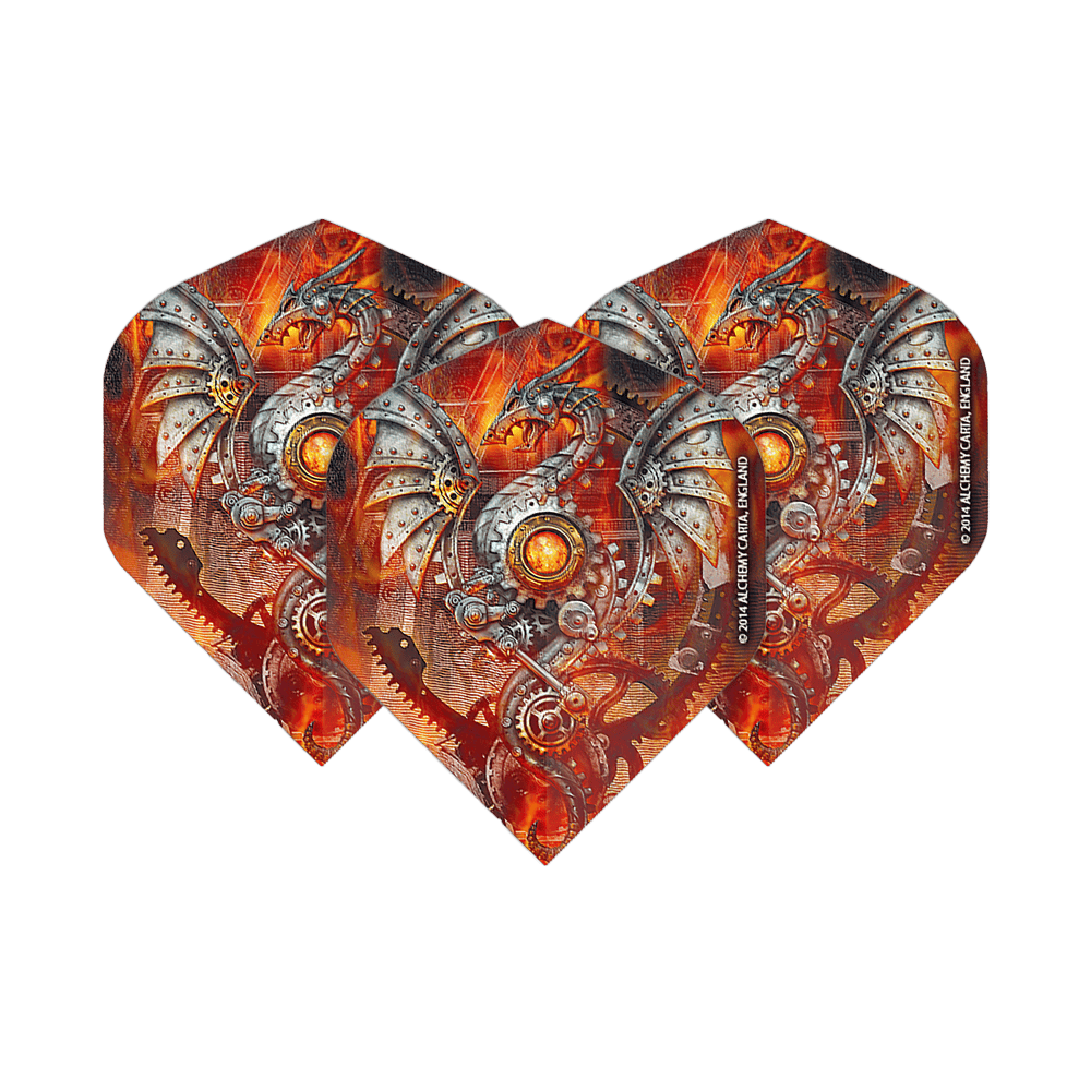 Standardní lety Alchemy Tech Dragon No2 Das Bild zeigt drei Dart-Flights mit einem mechanischen Drachenmotiv in leuchtenden Orange- und Silbertönen. Die Flights sind das Produkt "Alchemy Tech Dragon No2 Standard Flights".