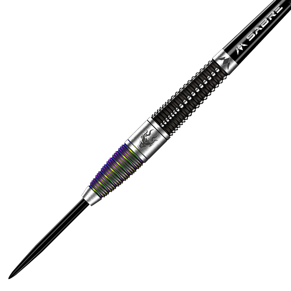 M001317_Mission_Occult_Steeldarts_2 Das Bild zeigt einen Mission Occult Steeldart mit einem Gewicht von 23 Gramm. Der Dartpfeil hat ein elegantes Design mit metallischen und farbigen Rillen.